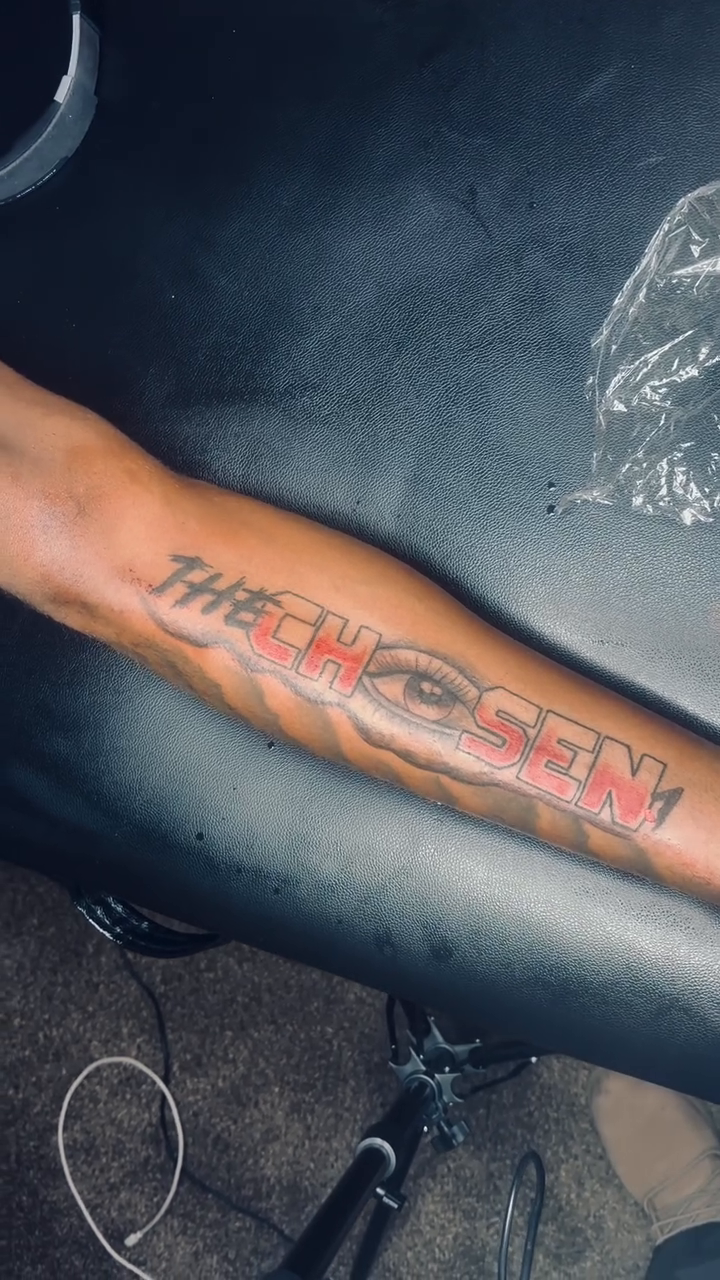The Chosen text tattoo lettering tattoo on the upper arm by Chieftats614π₯