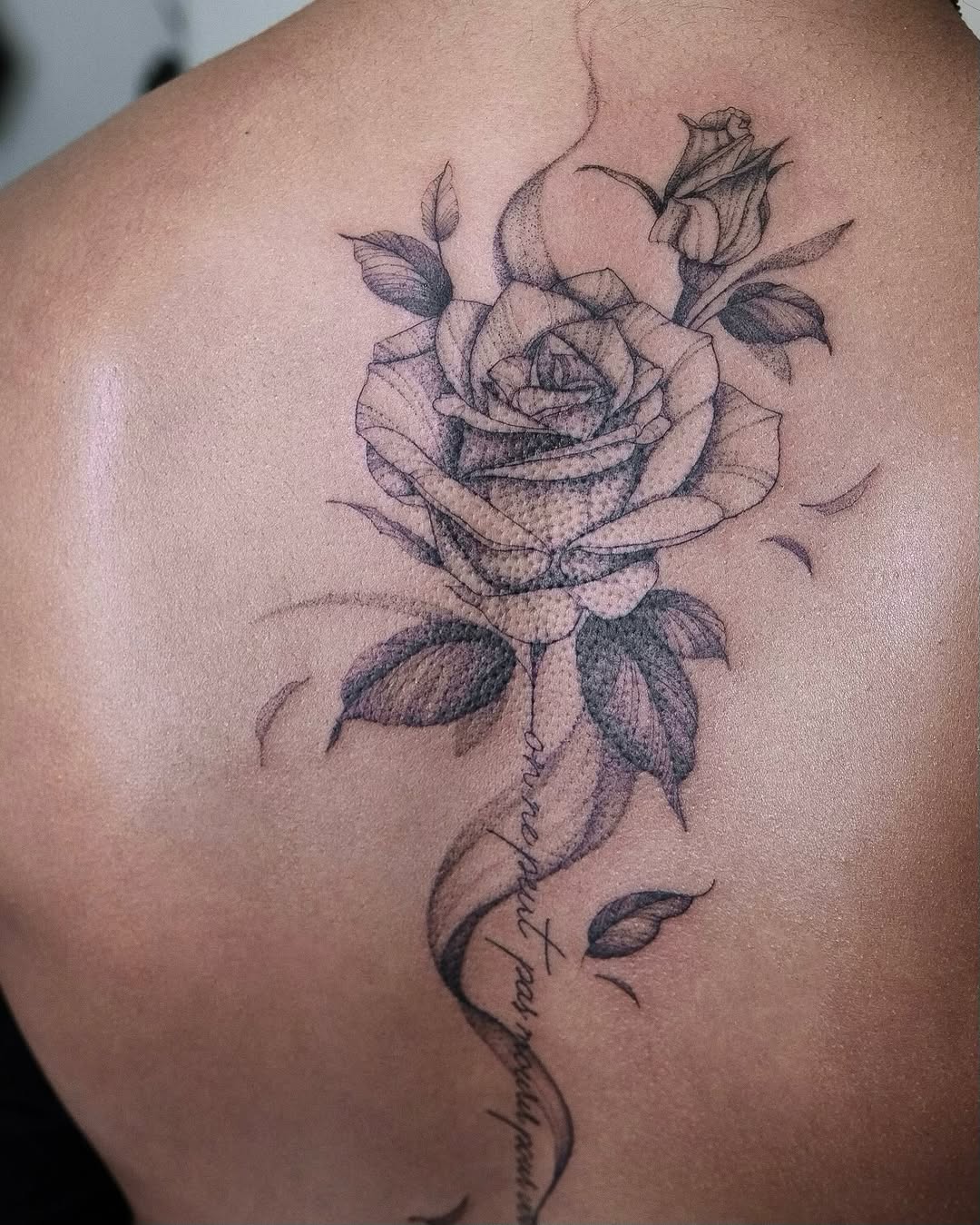 Rose and script dotwork tattoo on the back by Your tattoo Artist, New York, New York