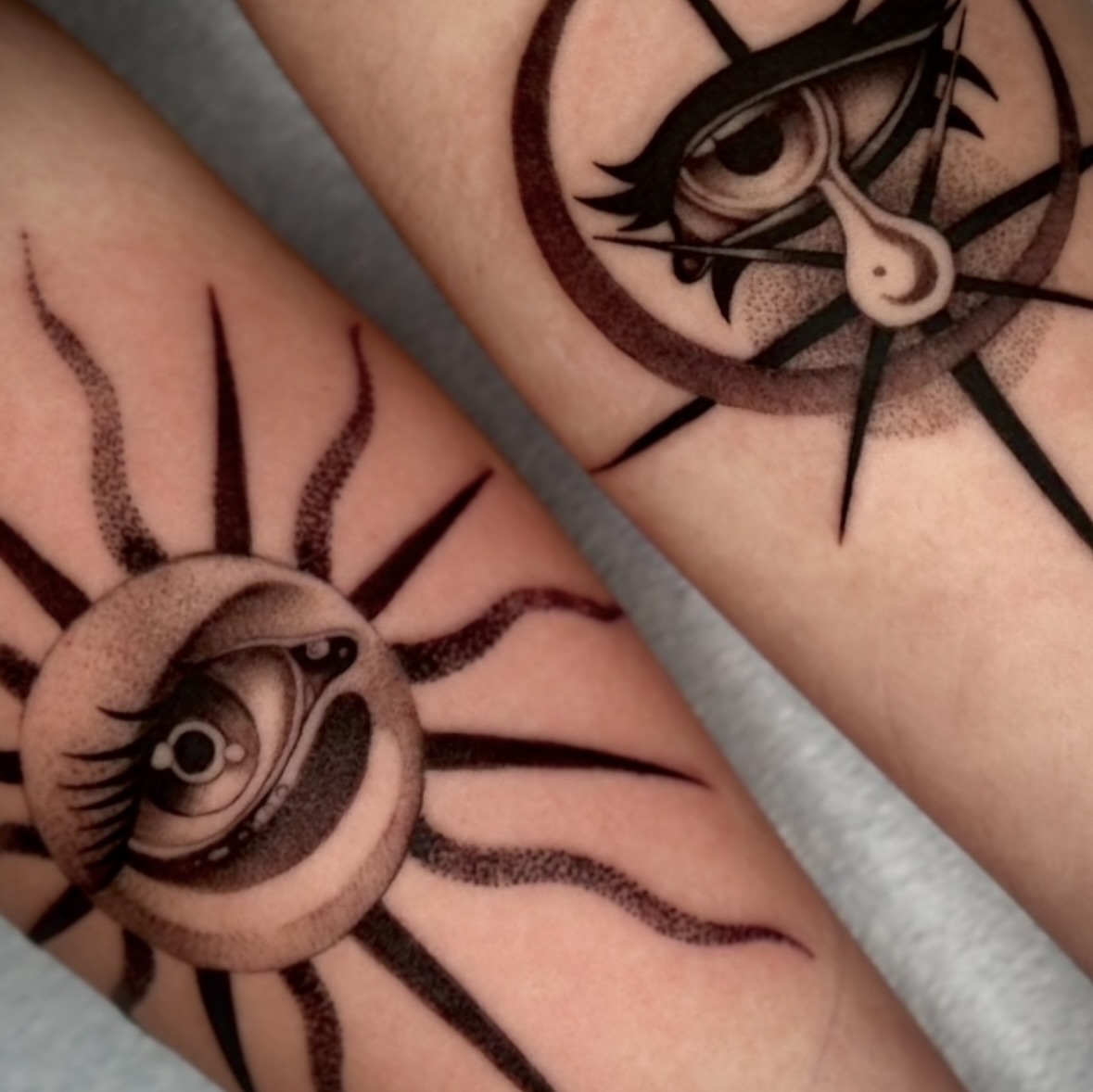 Eye and spider dotwork tattoo on the forearm by Feliz Manzanedo, Prescott, Arizona