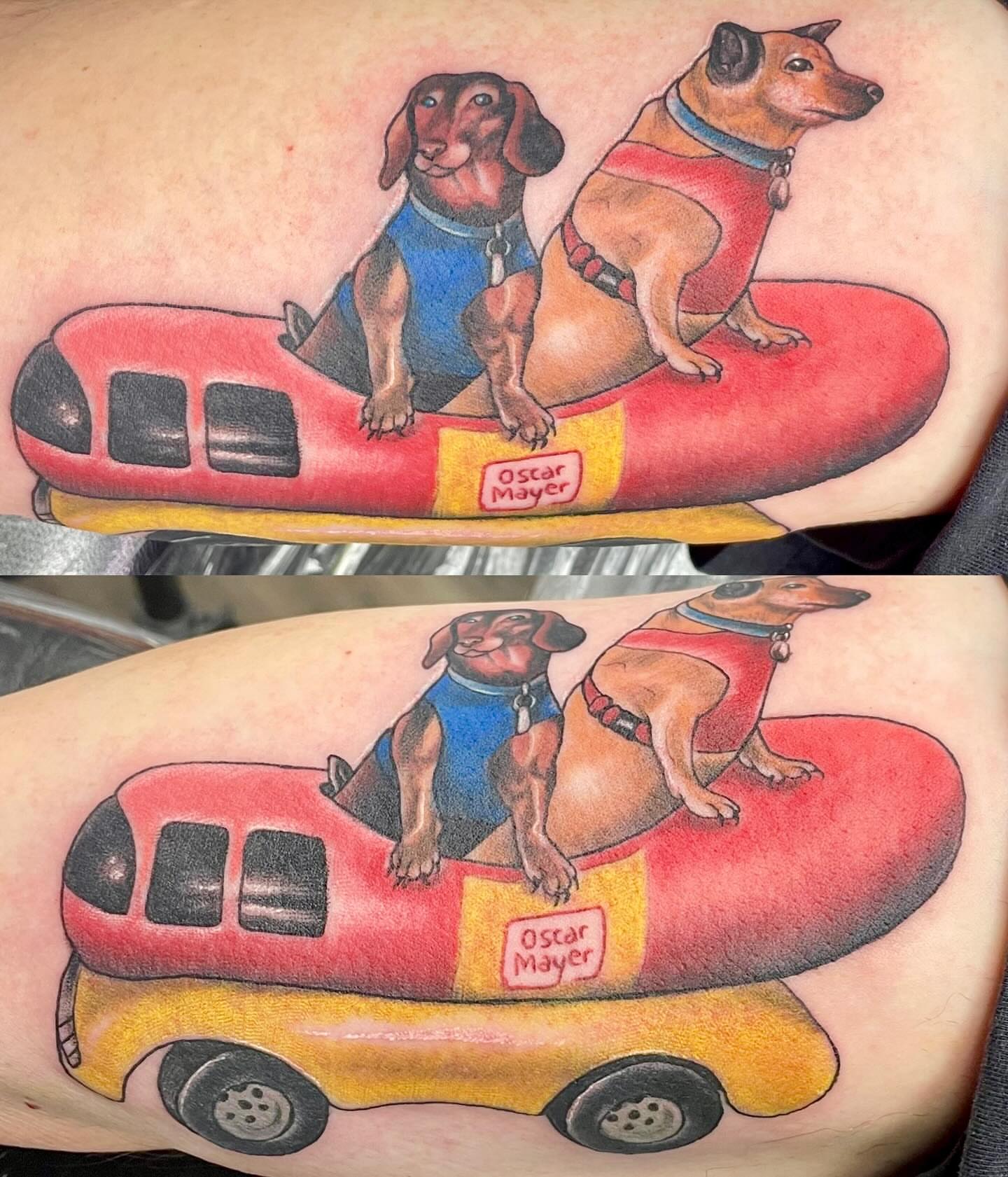 Hot dog and dachshund realism tattoo on the upper arm by Antoinette