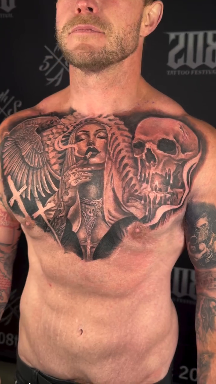 Portrait with skull and eagle realism tattoo by Romi Utah Tattoo