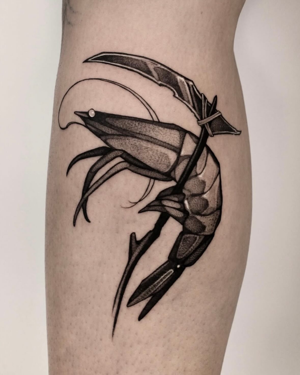 Prawn with scythe geometric tattoo on the forearm by Heather Apgar