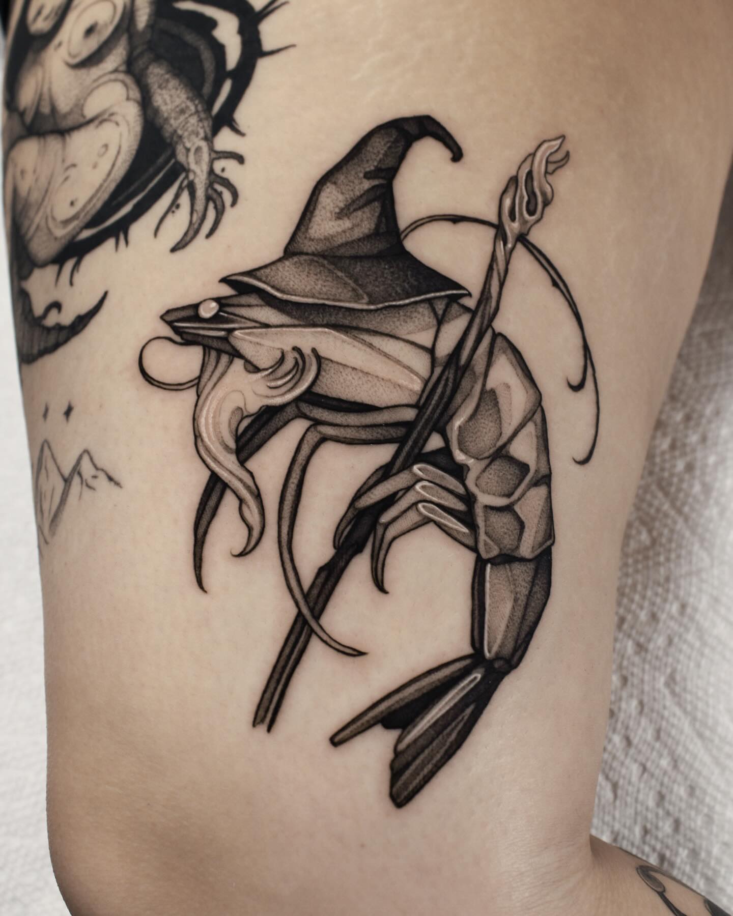 Lobster wizard geometric tattoo on the forearm by Heather Apgar