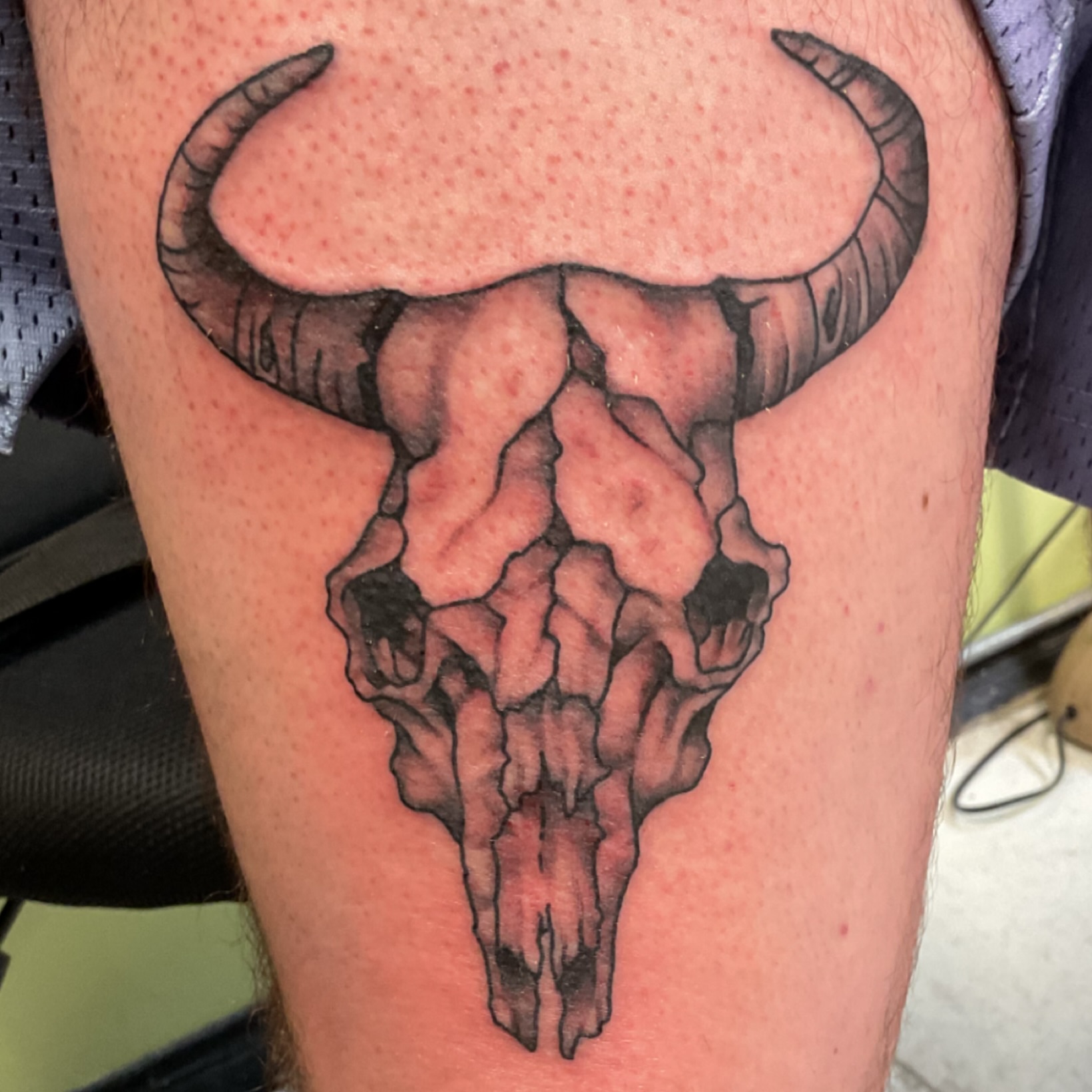 Bull skull black and grey tattoo on the thigh by Roachrude