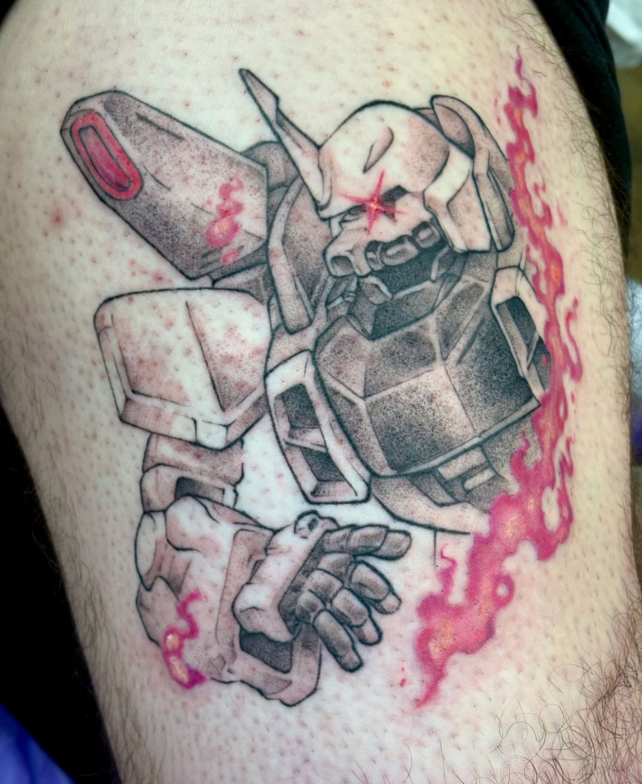 Mecha robot dotwork tattoo on the thigh by jo, Wichita, Kansas
