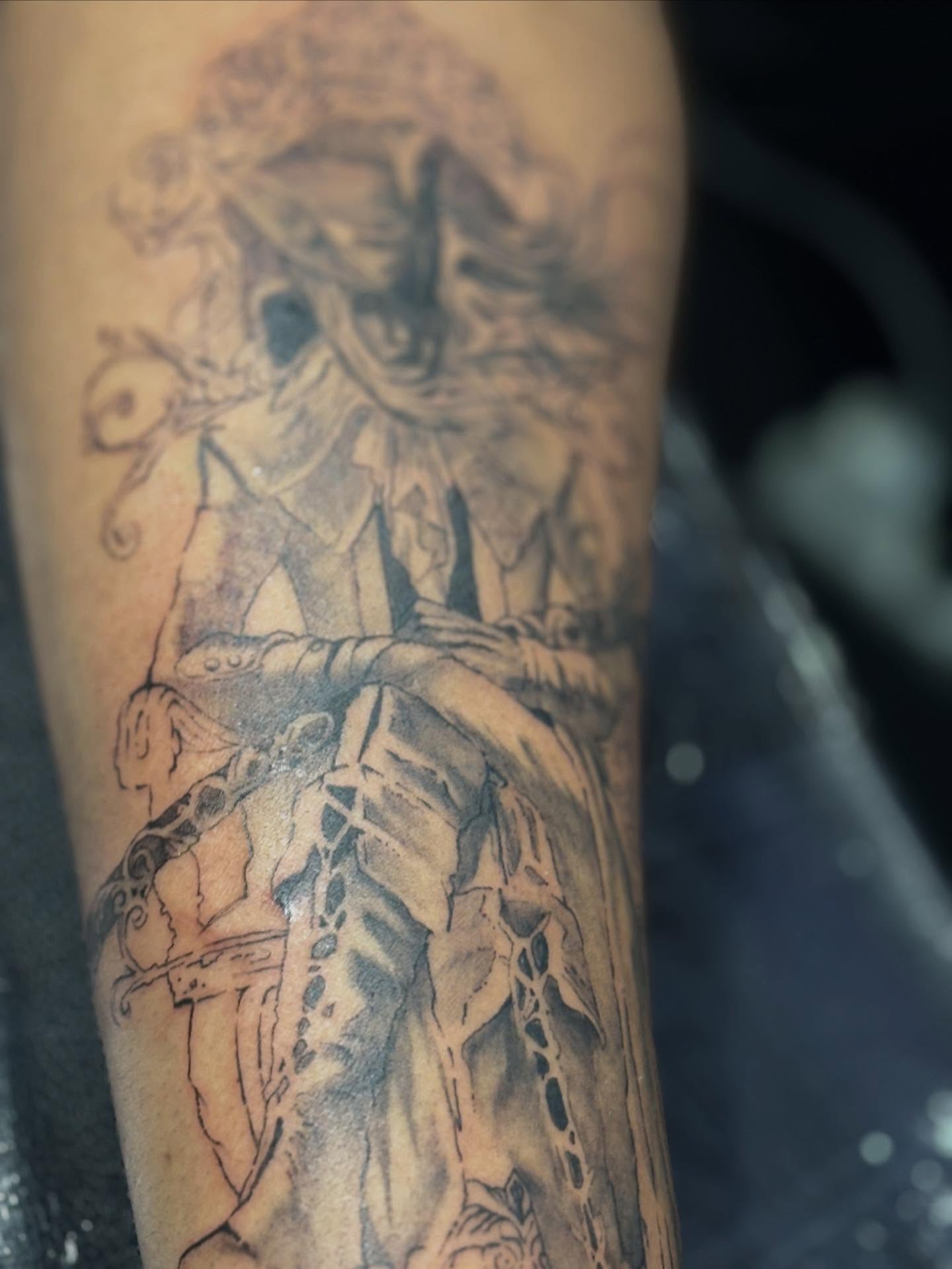 Demon warrior dotwork tattoo on the forearm by Slade Nowicki
