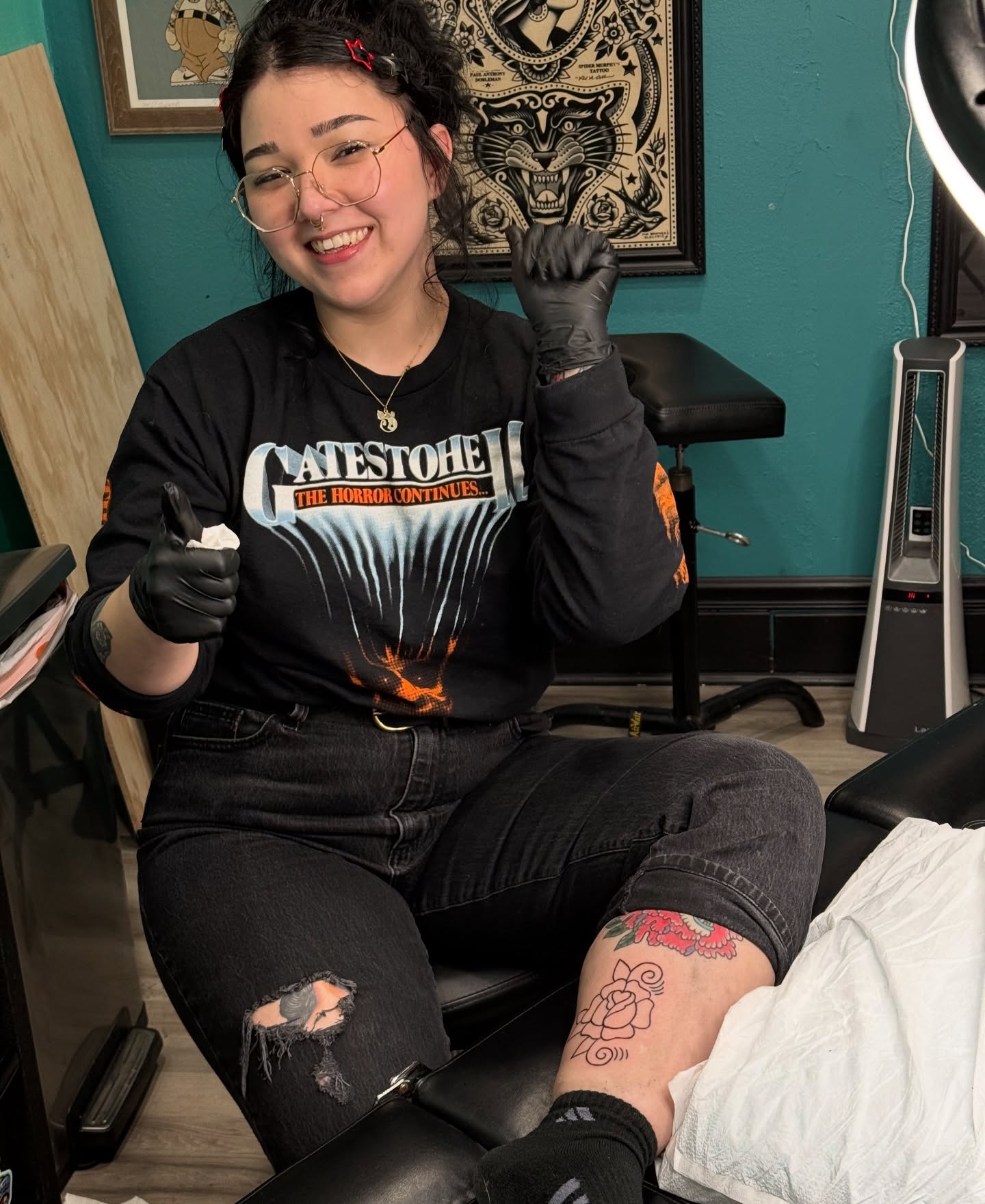 Rose American traditional tattoo on the leg by Lucy Jay