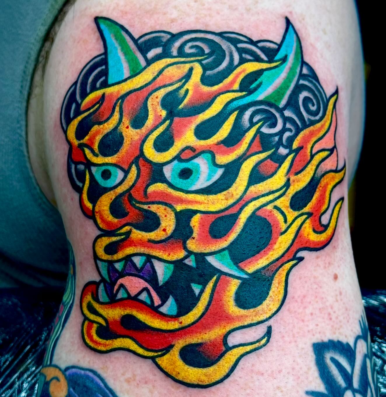 Flaming tiger head japanese irezumi tattoo on the thigh by Sam Hambrick, Watchung NJ