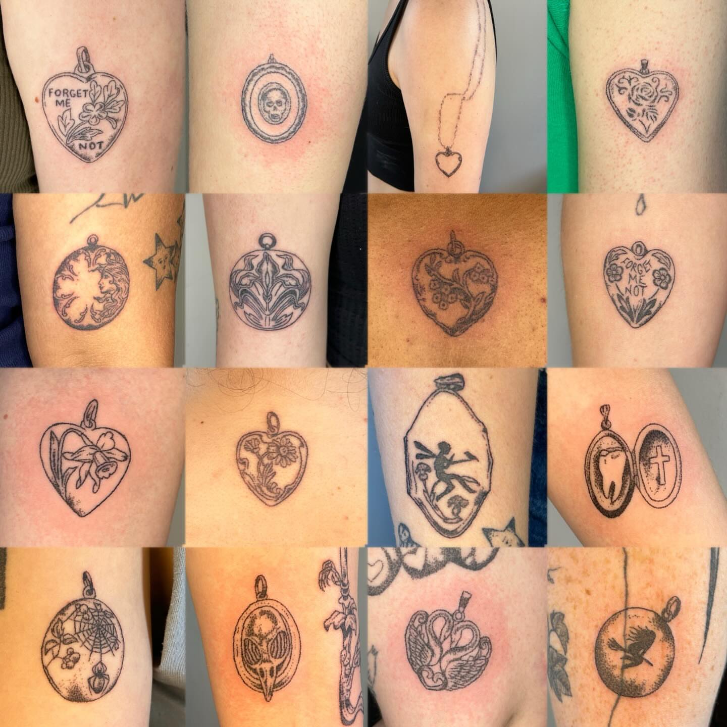 Heart pendants black and grey tattoo on the upper arm by ˙⋆✮⋆˙‧₊˚✧ sophie ✧˚₊‧˙⋆✮⋆˙