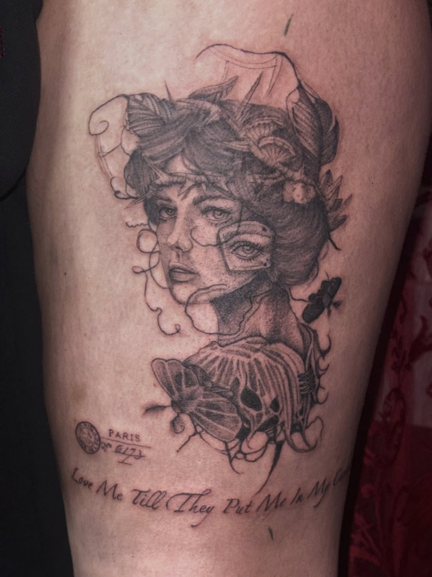 Woman with butterflies realism tattoo on the thigh by 𝔾𝔥𝓸ş𝔱