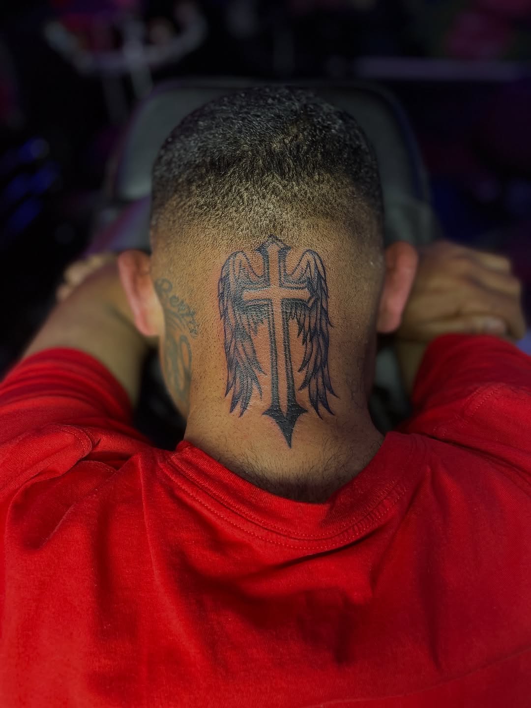 Cross with wings realism tattoo on the back by 😈headhuncho😈