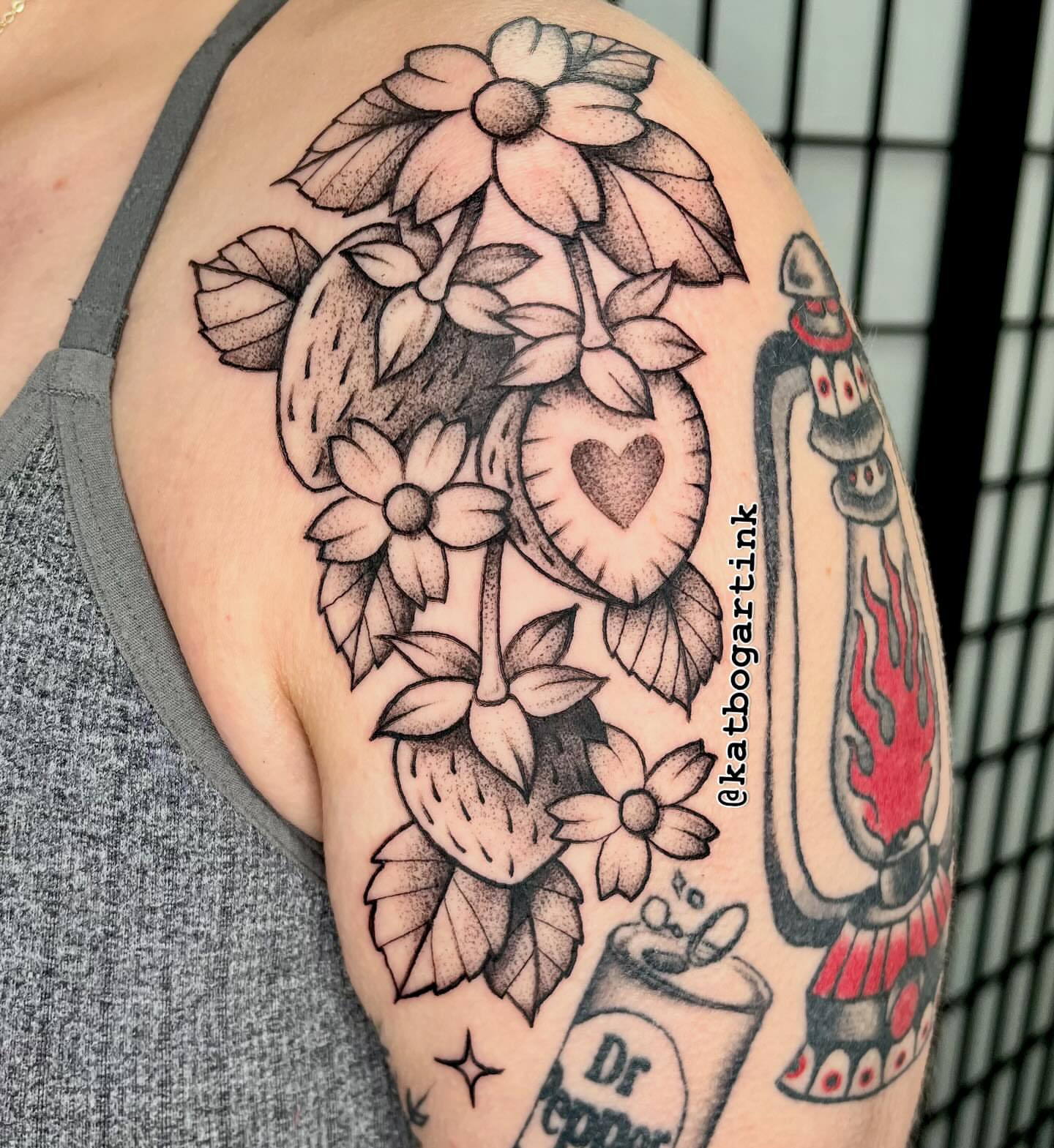 Flowers and heart dotwork tattoo on the shoulder by Kat (Scout) Bogart