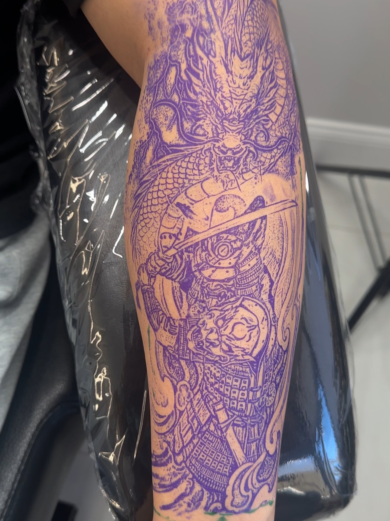 Samurai warrior with dragon japanese irezumi tattoo on the forearm by Nathan, Charlotte, North Carolina