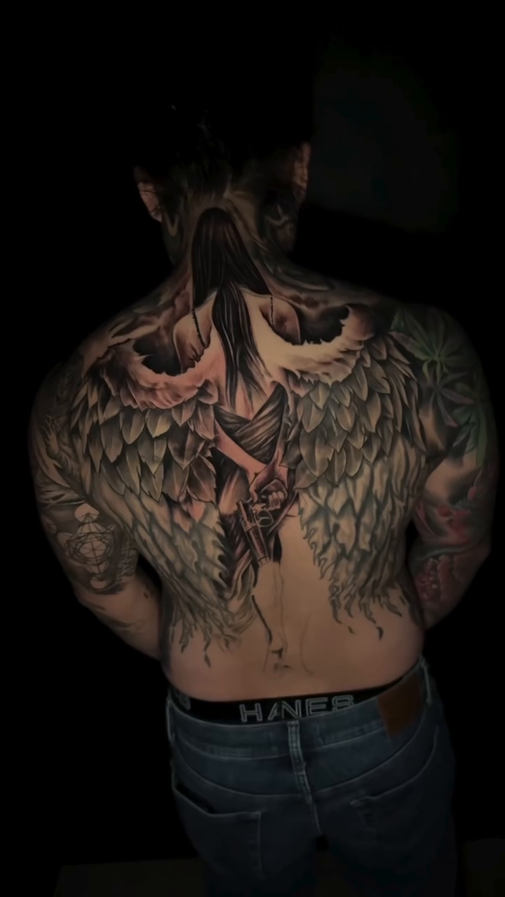 Angel with wings realism tattoo by Sacramento Tattoo Artist Ryan