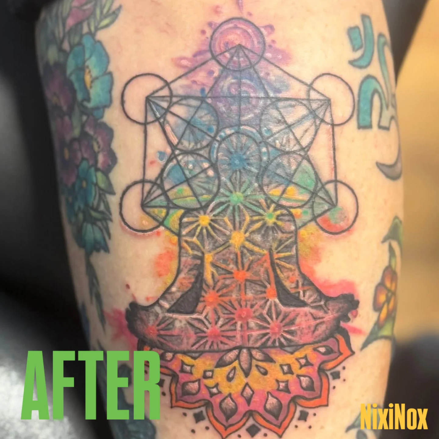 Metatrons cube geometric tattoo on the forearm by Niki Jackson