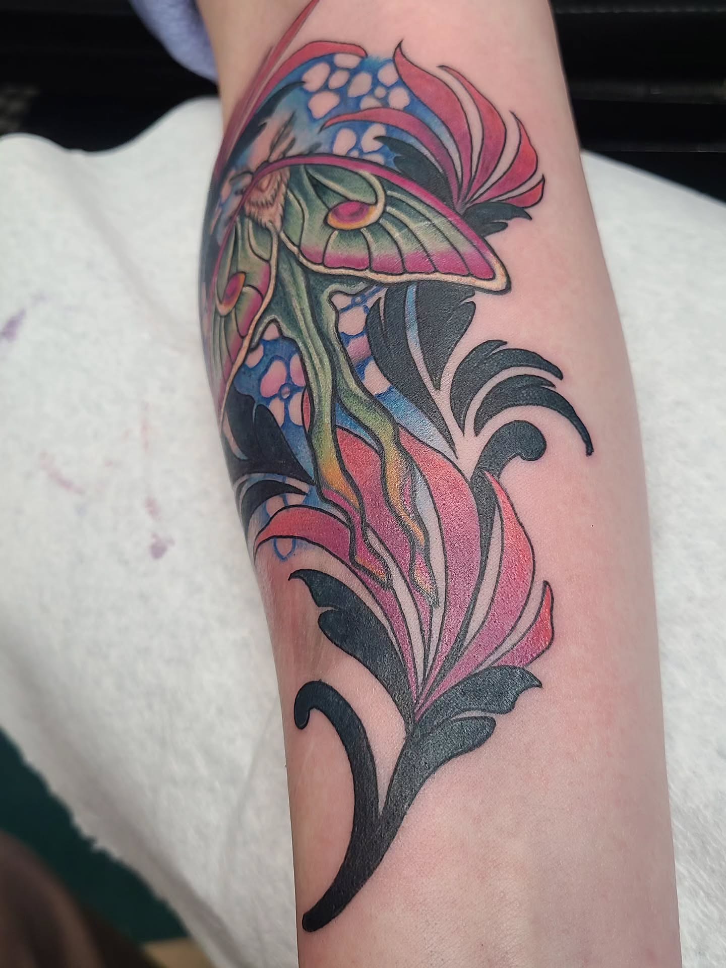 Mushroom and flower new school tattoo on the forearm by David Vodicka