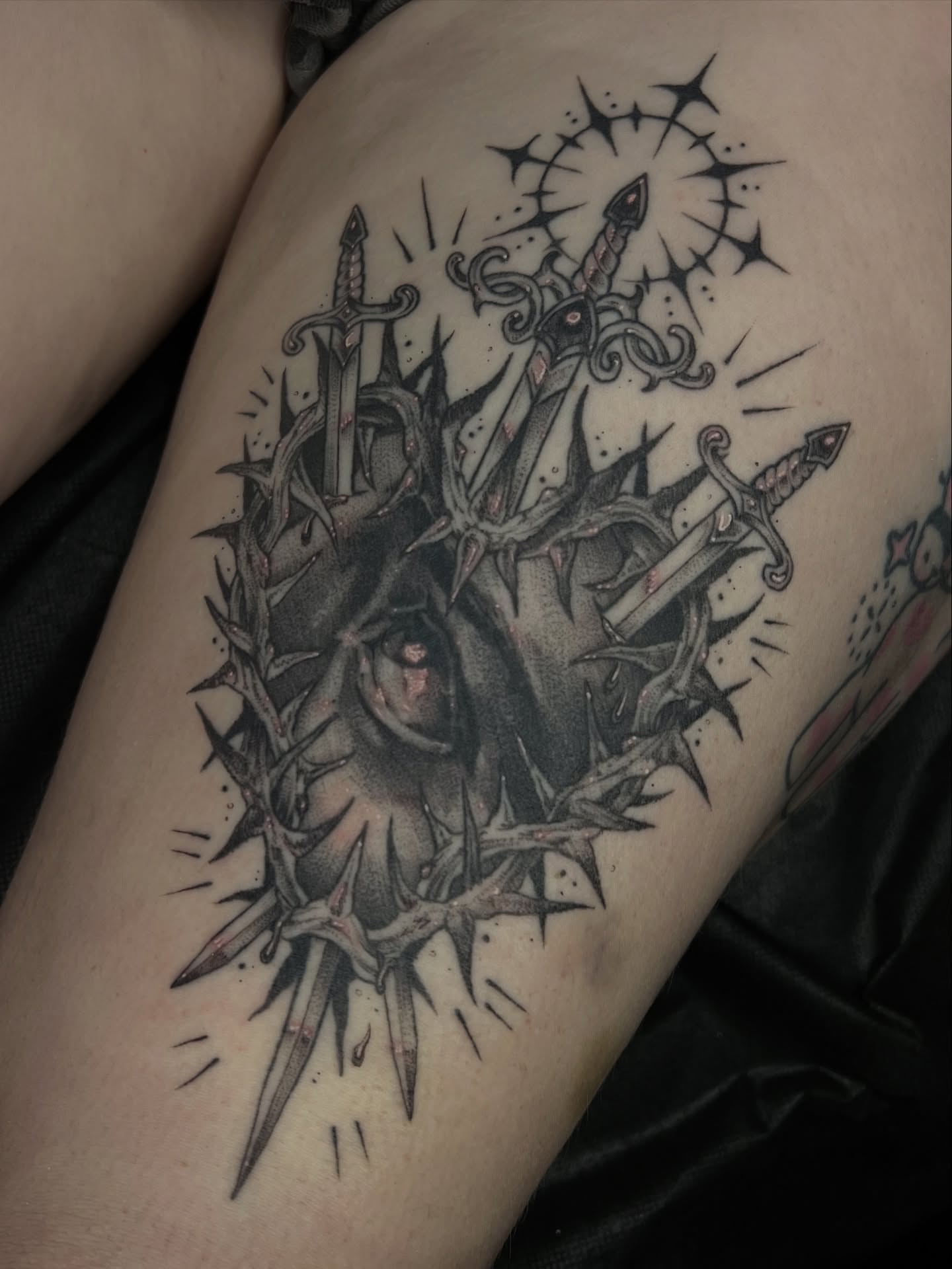 Thorn crown and swords black and grey tattoo on the thigh by ✮shayla ganong✮
