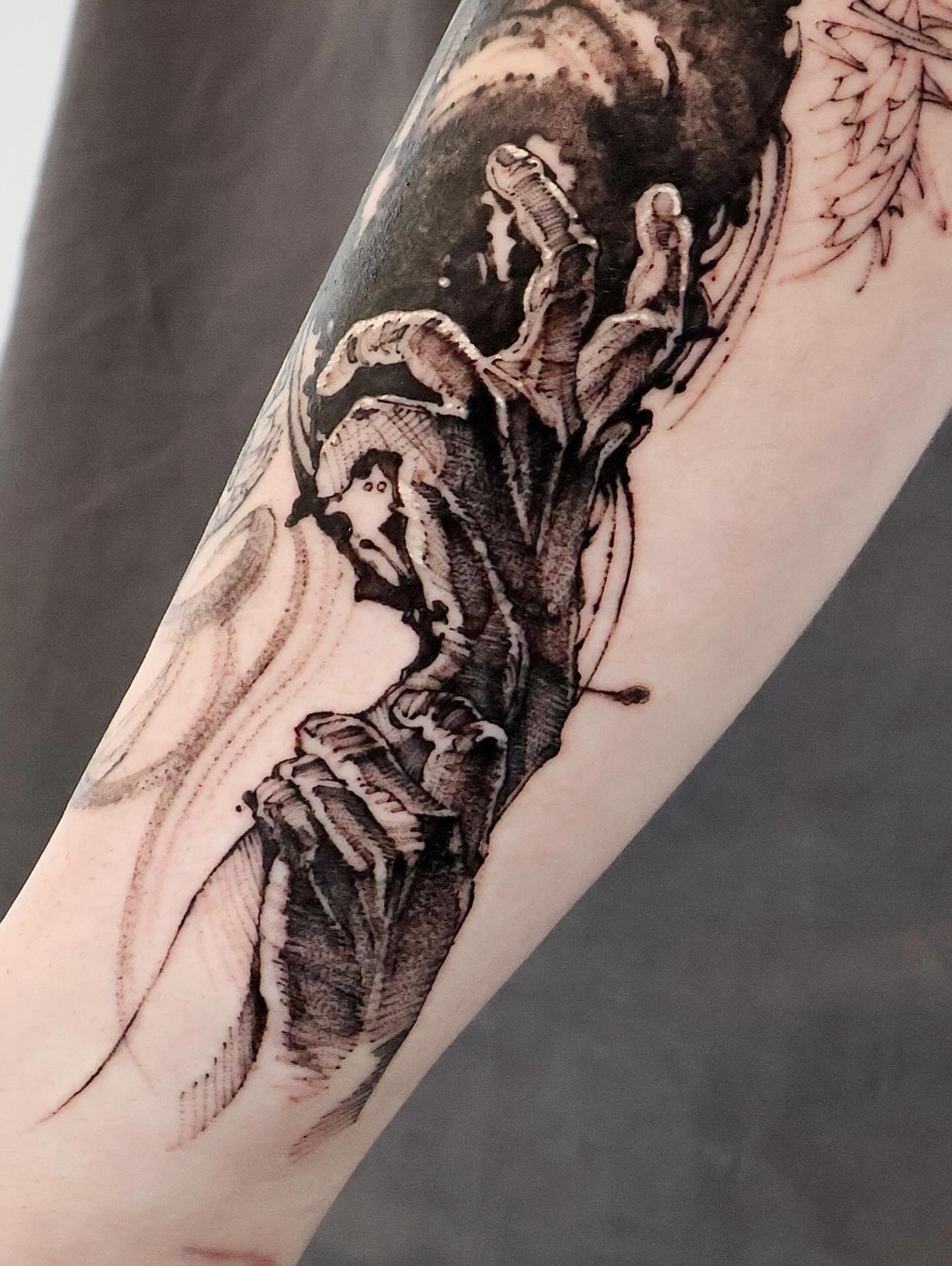 Woman with snake realism tattoo on the forearm by Tadi