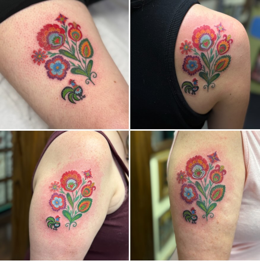 Floral bouquet new school tattoo on the shoulder by Tattoos By Trish