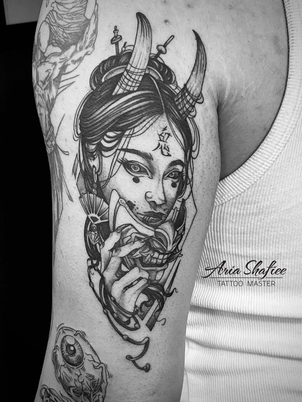 Geisha realism tattoo on the forearm by Aria Shafiee