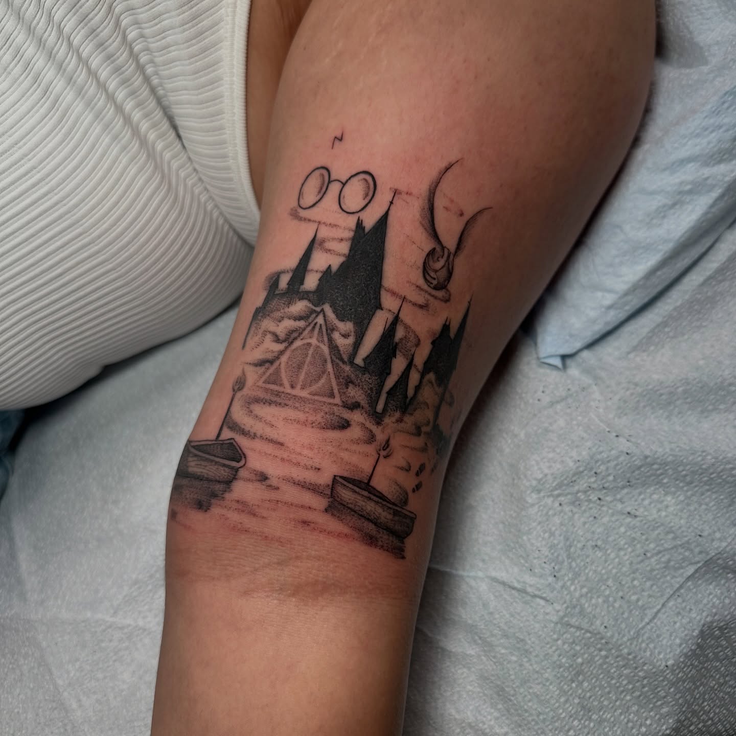 Hogwarts Castle dotwork tattoo on the forearm by Crystal, Las Vegas, Nevada