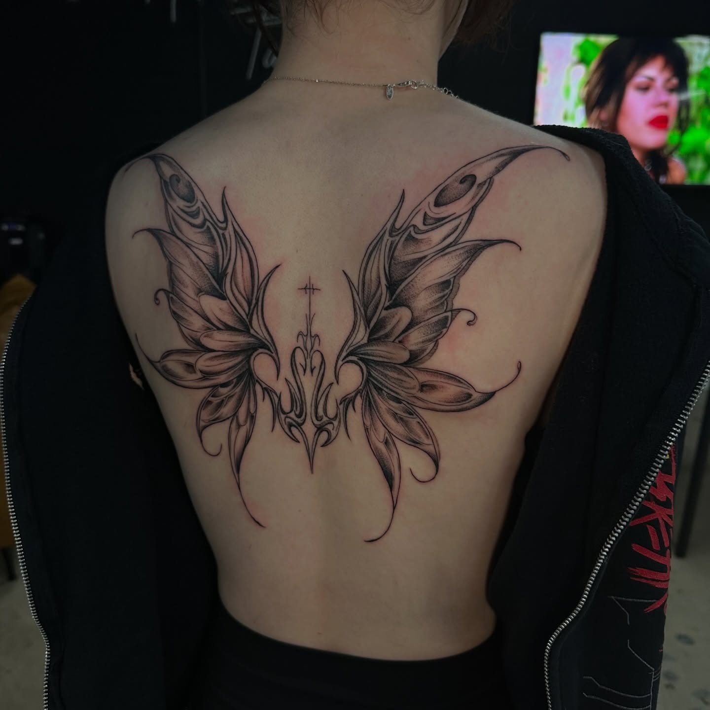 Butterfly black and grey tattoo on the back by Crystal, Las Vegas, Nevada