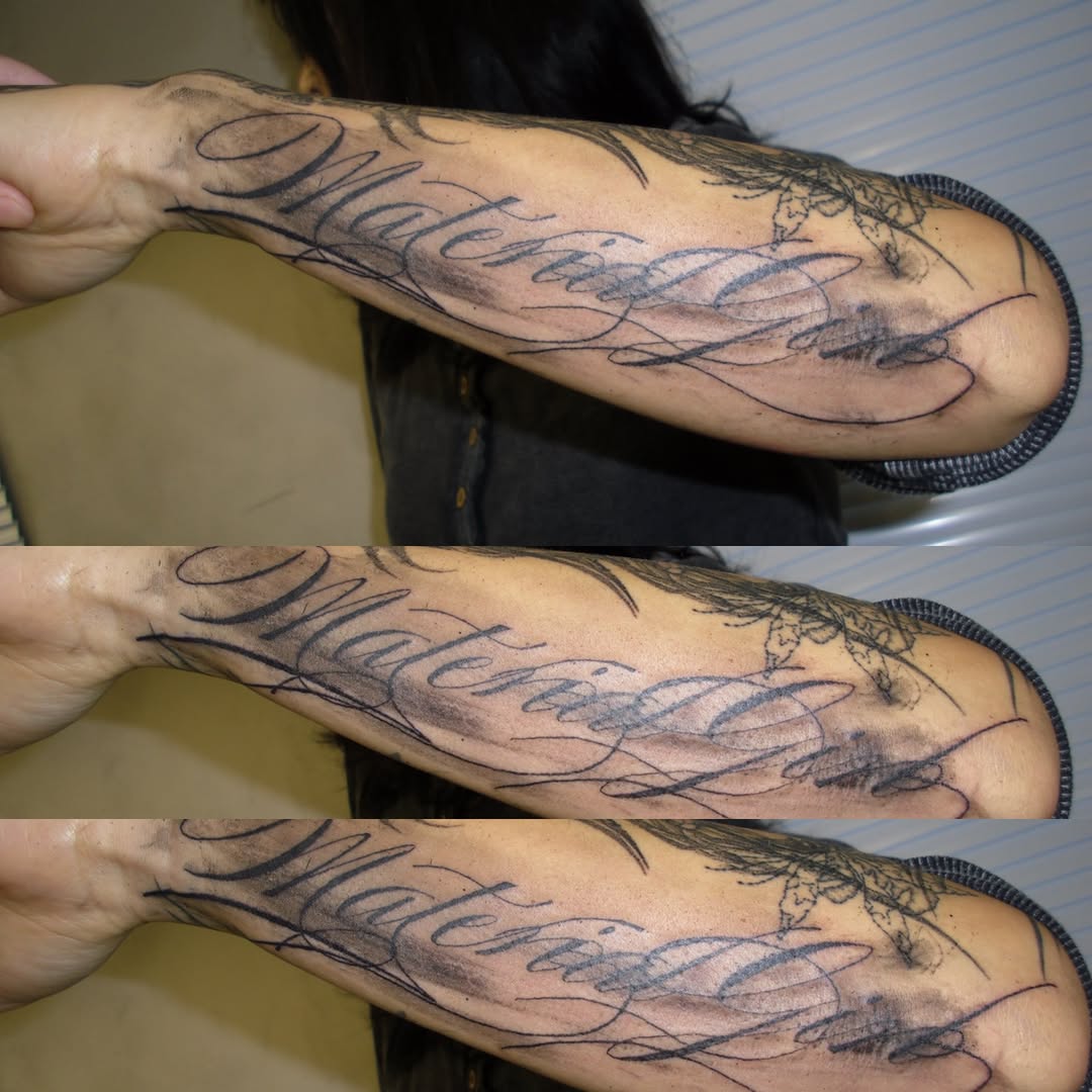 Script lettering with abstract elements lettering tattoo on the forearm by eyeball