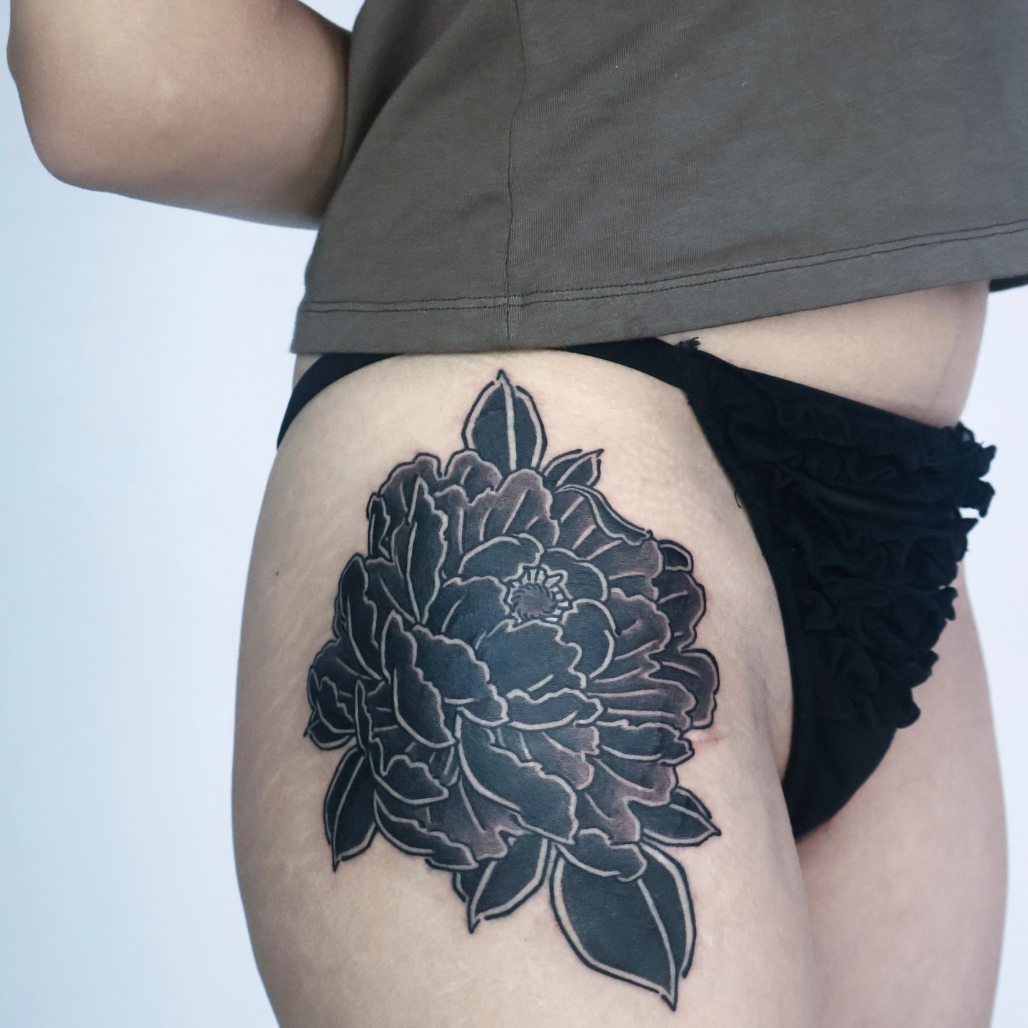 Peony black and grey tattoo on the thigh by JM kim, Melbourne, Victoria