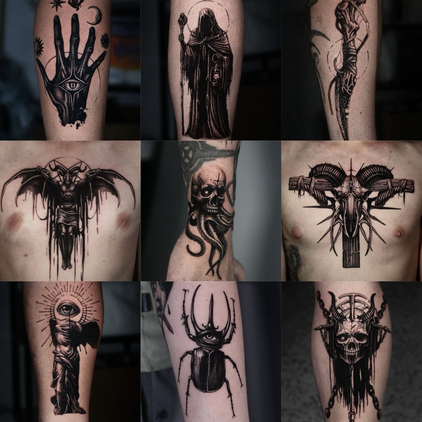 Dark fantasy motifs blackwork tattoo on the upper arm by H.black