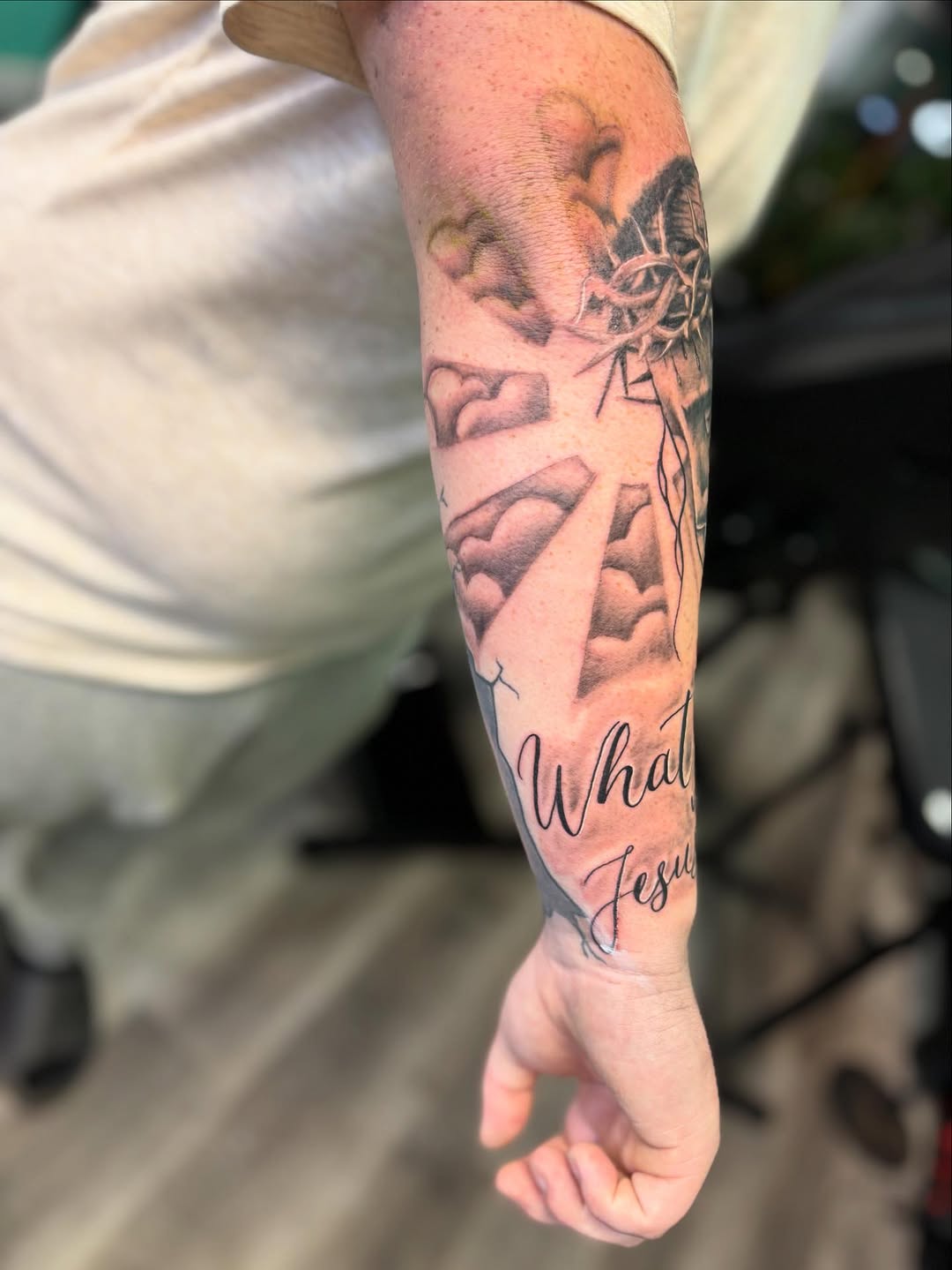 Tattoo by @bromintocheese — black_and_grey, lettering_script