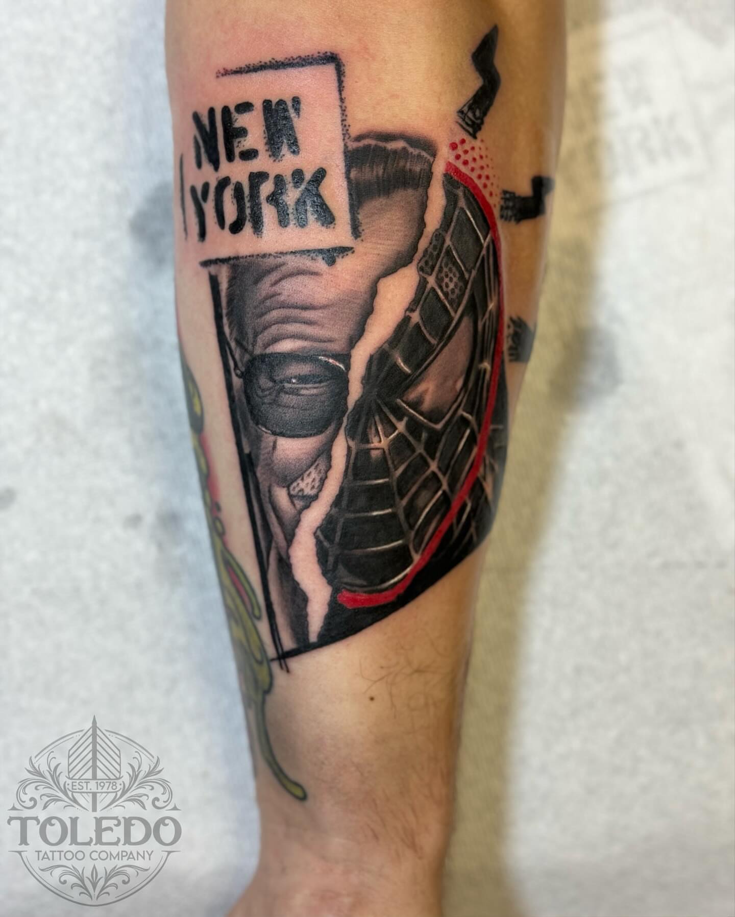 New york cityscape American traditional tattoo on the forearm by Kodi Klo