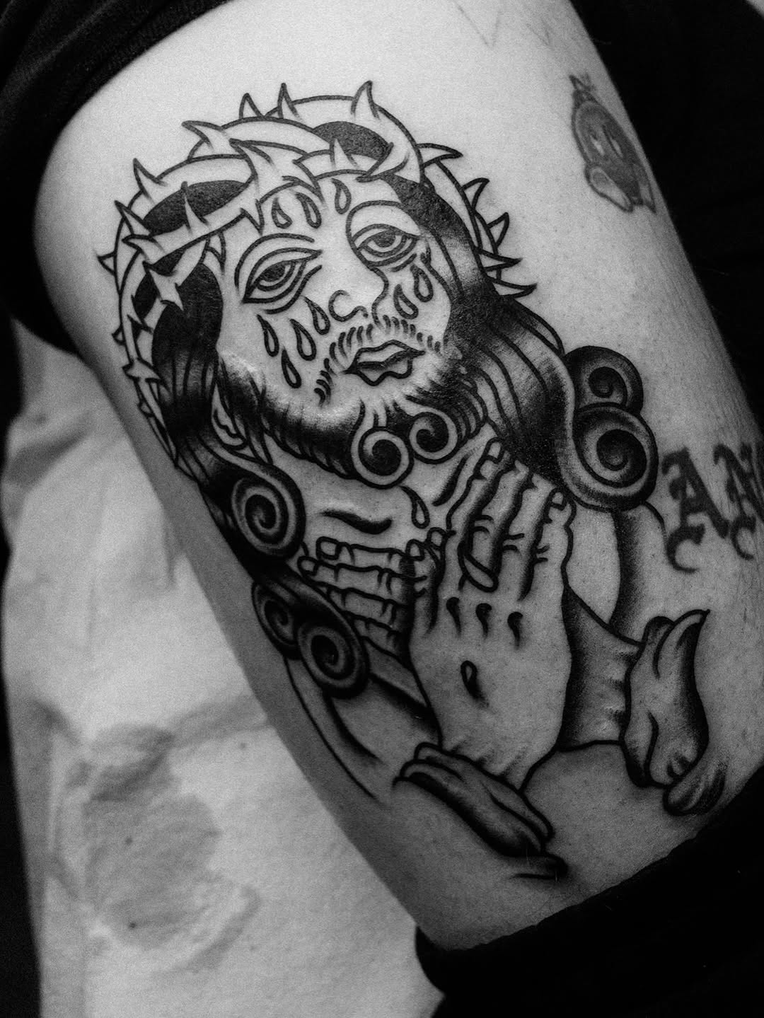 Jesus Christ with praying hands realism tattoo on the thigh by ✨ Gabi ✨