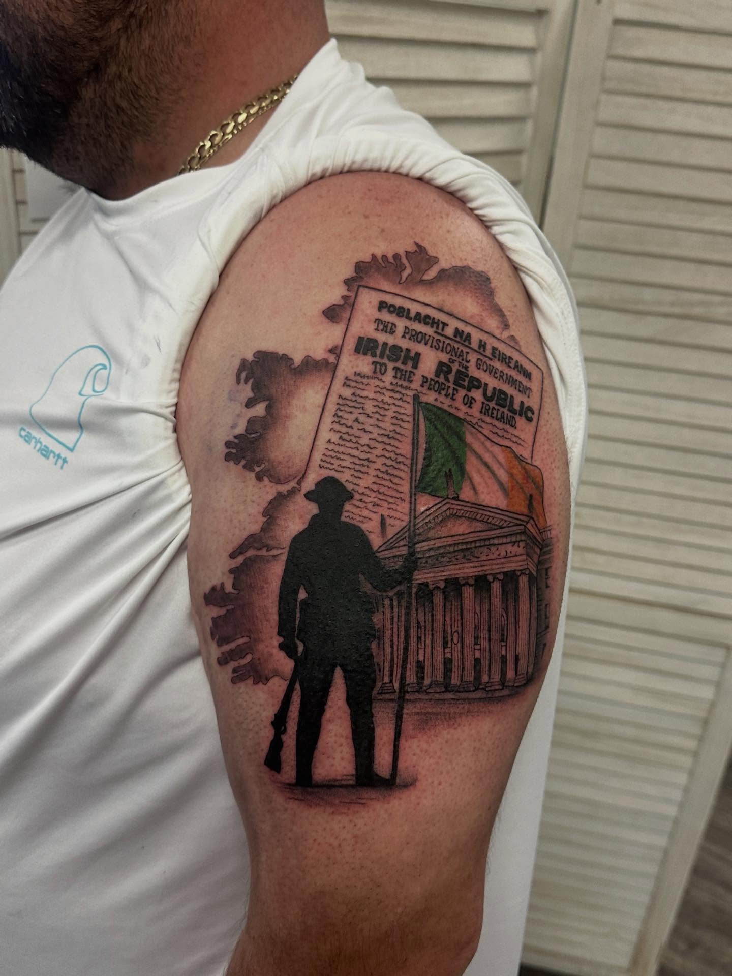 Irish Republic Proclamation realism tattoo on the shoulder by Matt Kearney
