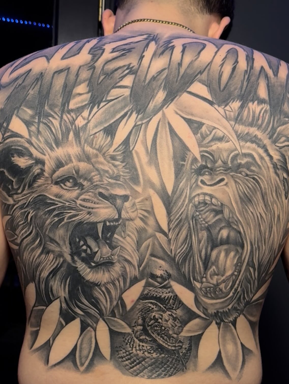 Lion and bear realism tattoo on the back by Paul burrows (Tatttoo Artist)