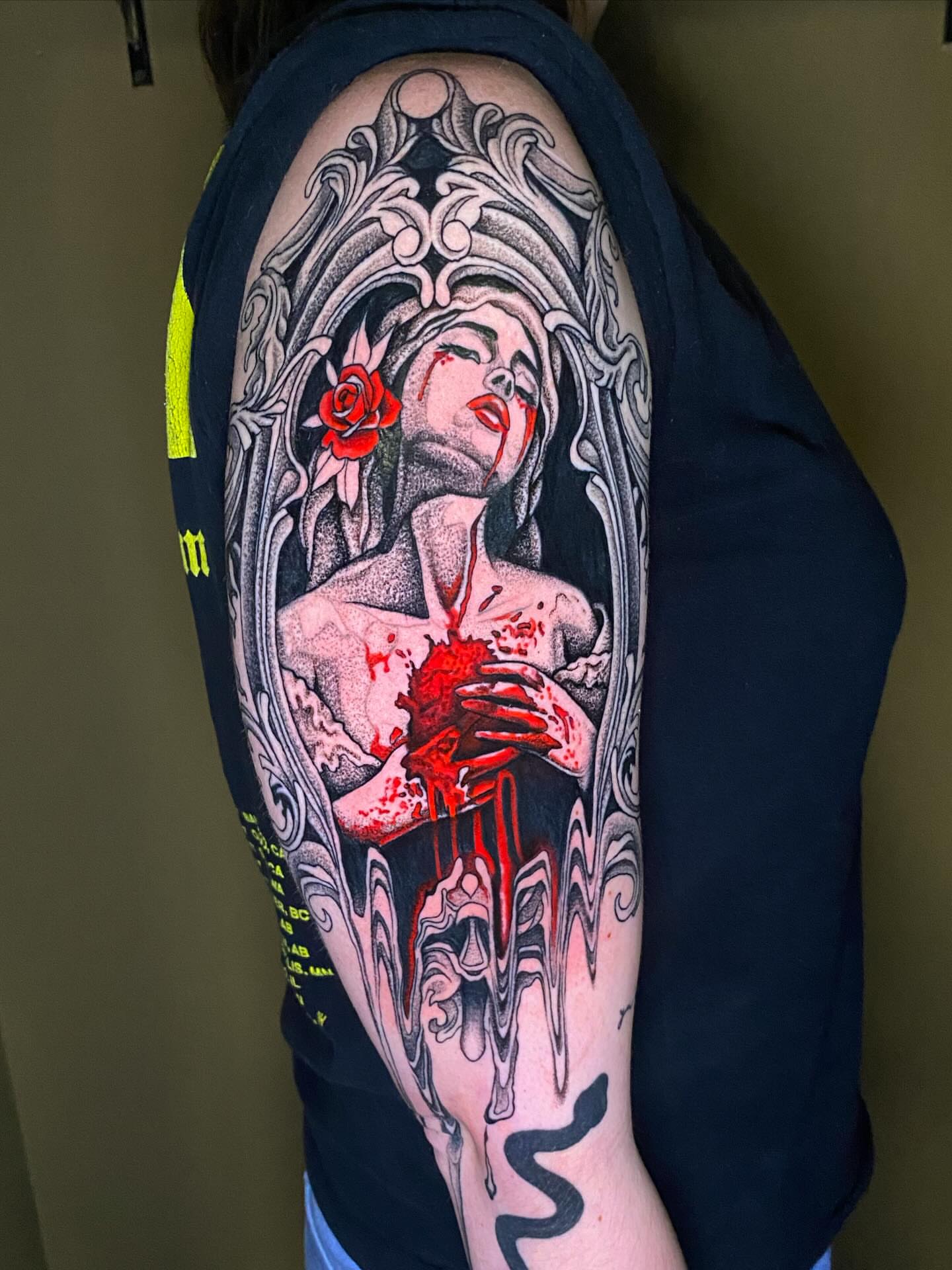 Bleeding woman dotwork tattoo on the shoulder by Casey Dohner