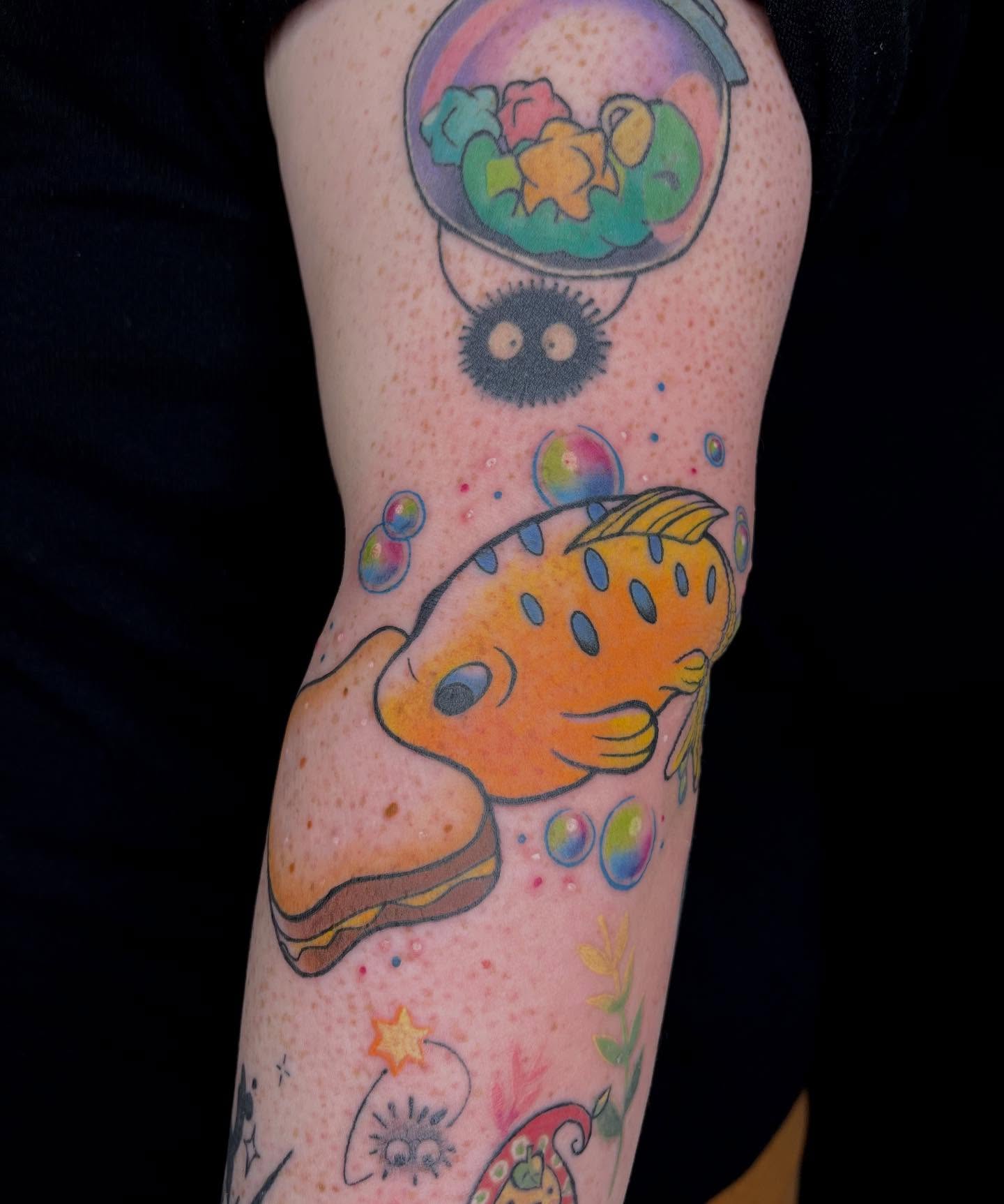 Fish sandwich dotwork tattoo on the forearm by Chase Healey, Salt Lake City, Utah