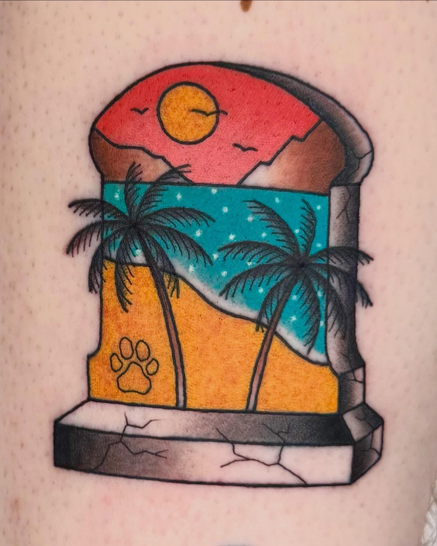Sunset beach scene American traditional tattoo on the forearm by Curtis Stairs, Seattle, Washington