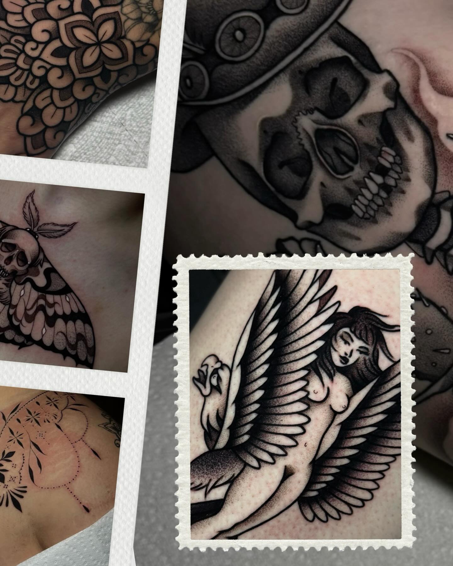 Winged woman dotwork tattoo on the upper arm by Bell Bolton