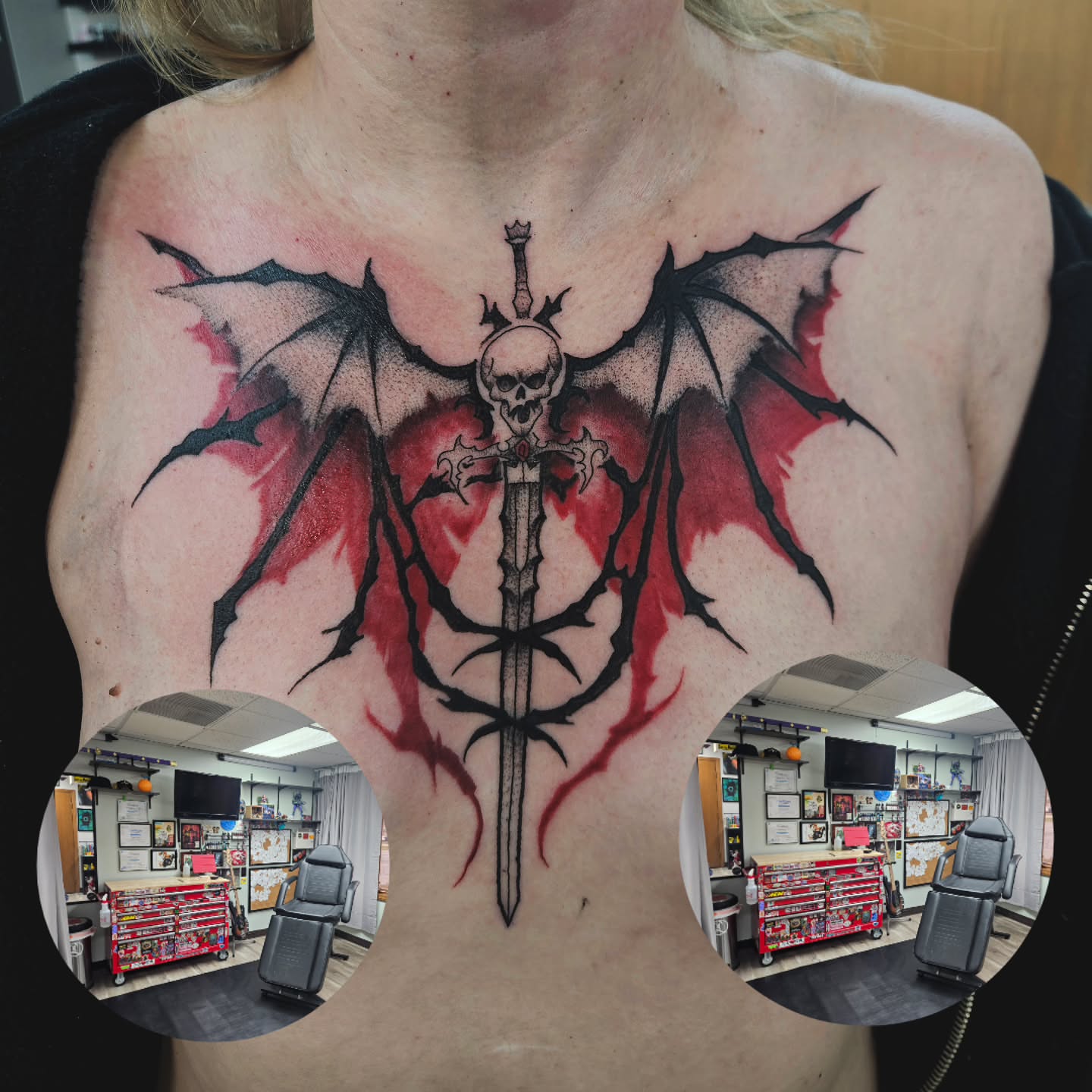 Skull and sword dotwork tattoo on the chest by Damian Eames
