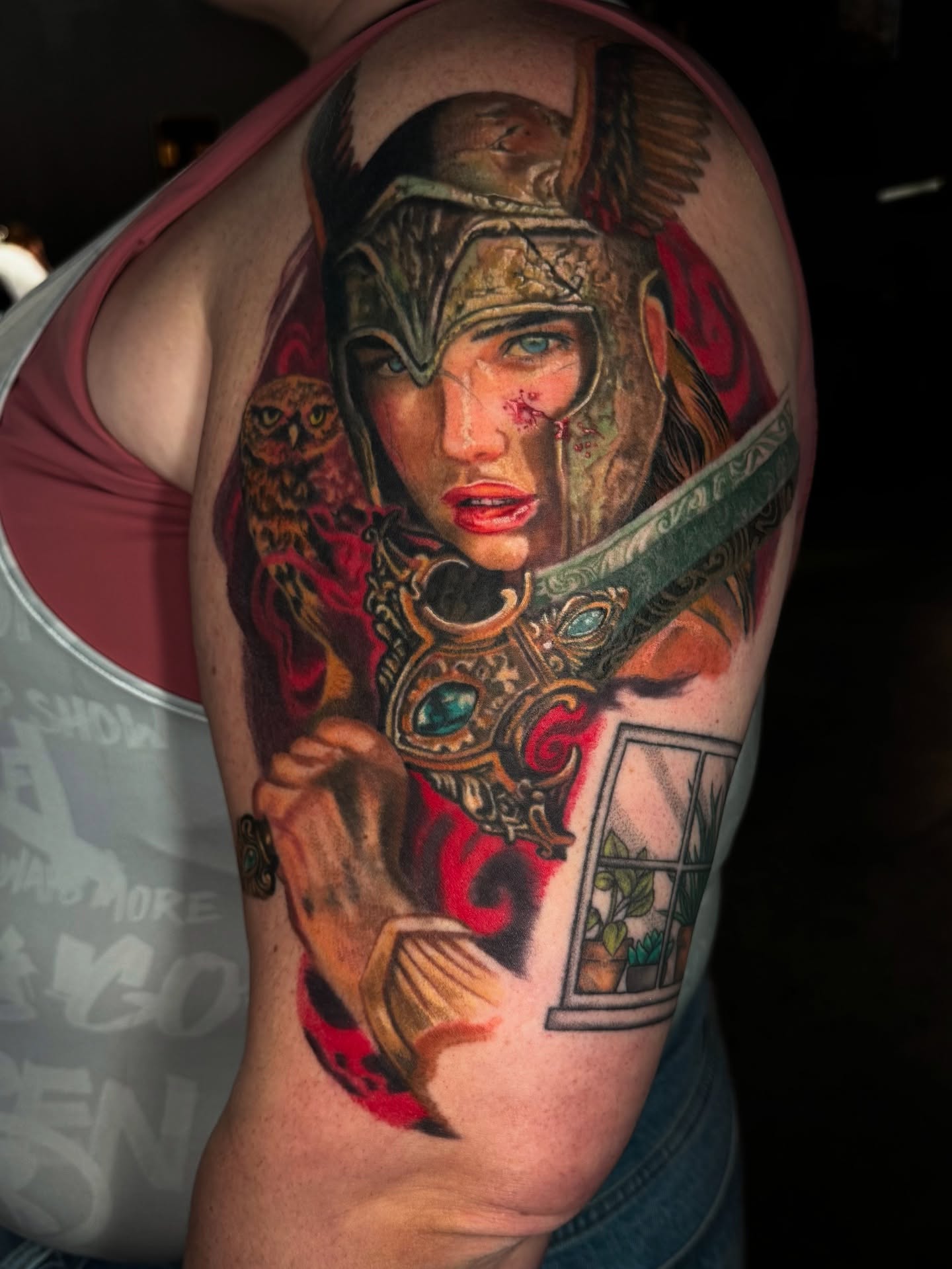 Warrior woman realism tattoo on the shoulder by Xzavier Varo