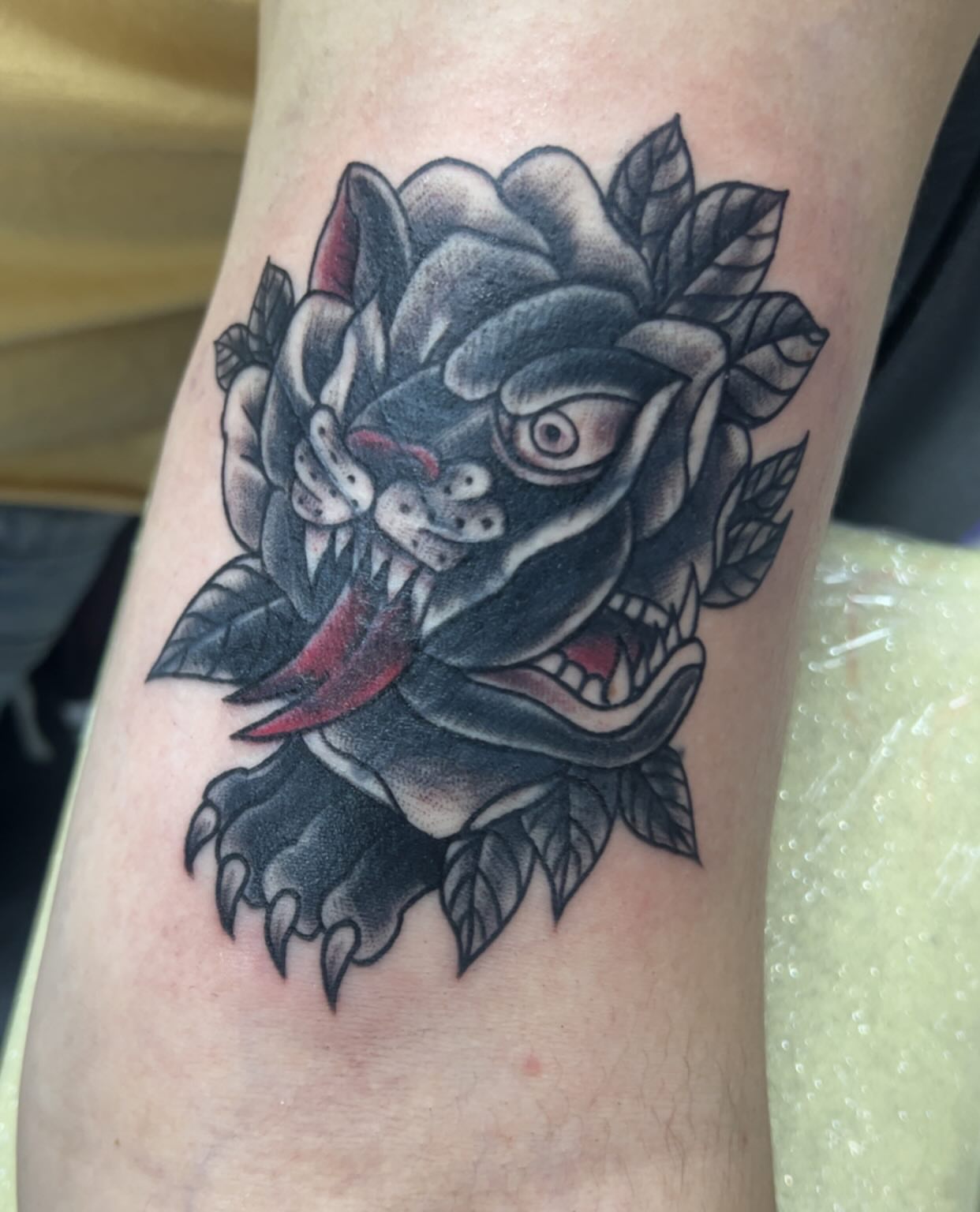 Rose with tiger American traditional tattoo on the forearm by Sav