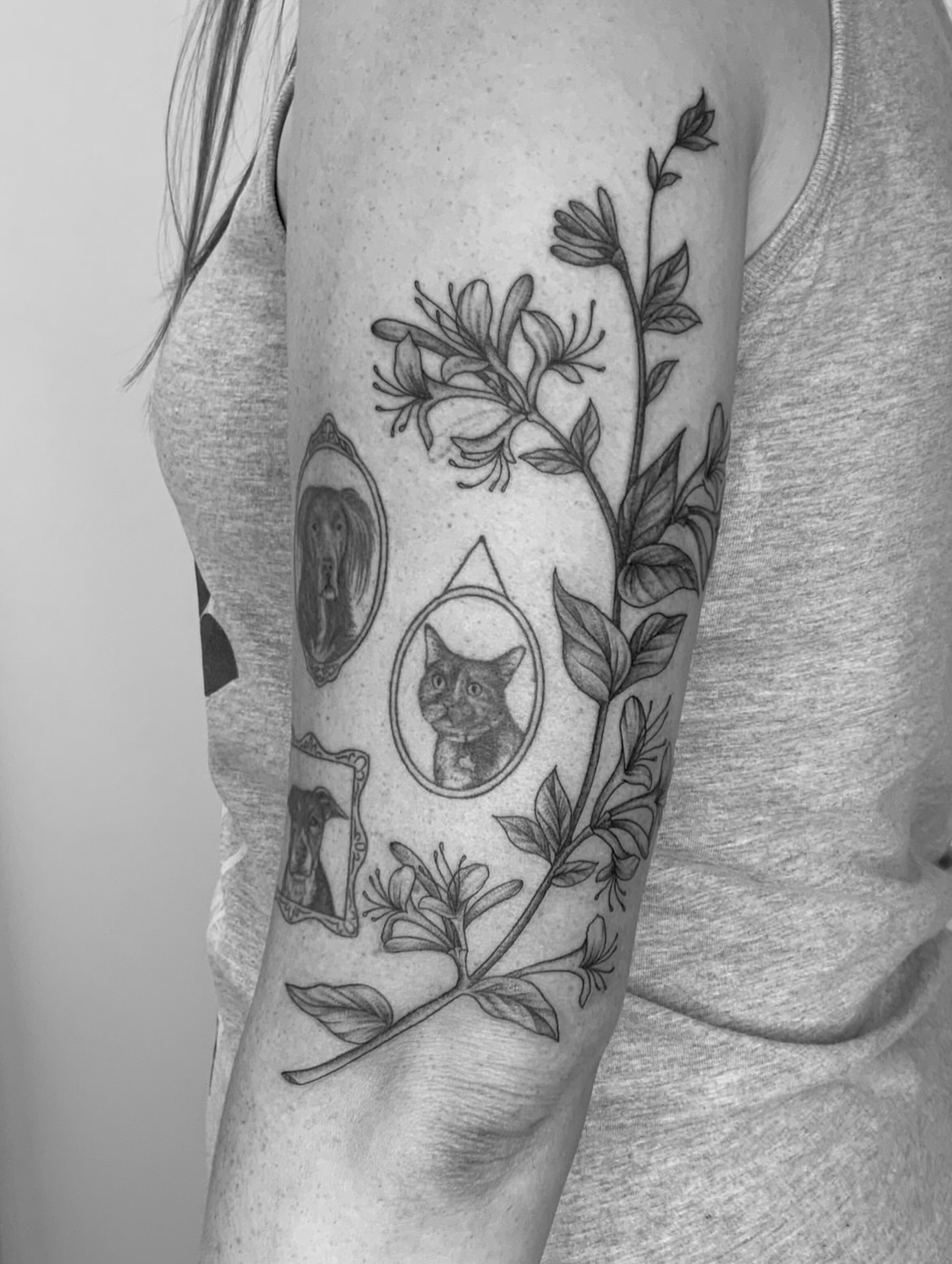 Flowers and cat portraits realism tattoo on the forearm by ☆ Nashville Fine Line Tattoo Artist ☆