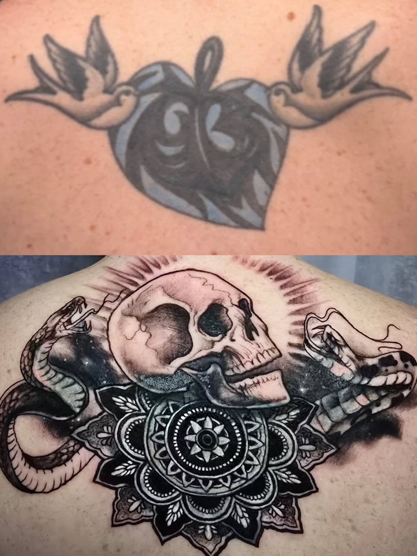 Skull and mandala geometric tattoo on the back by Tivis Phillips