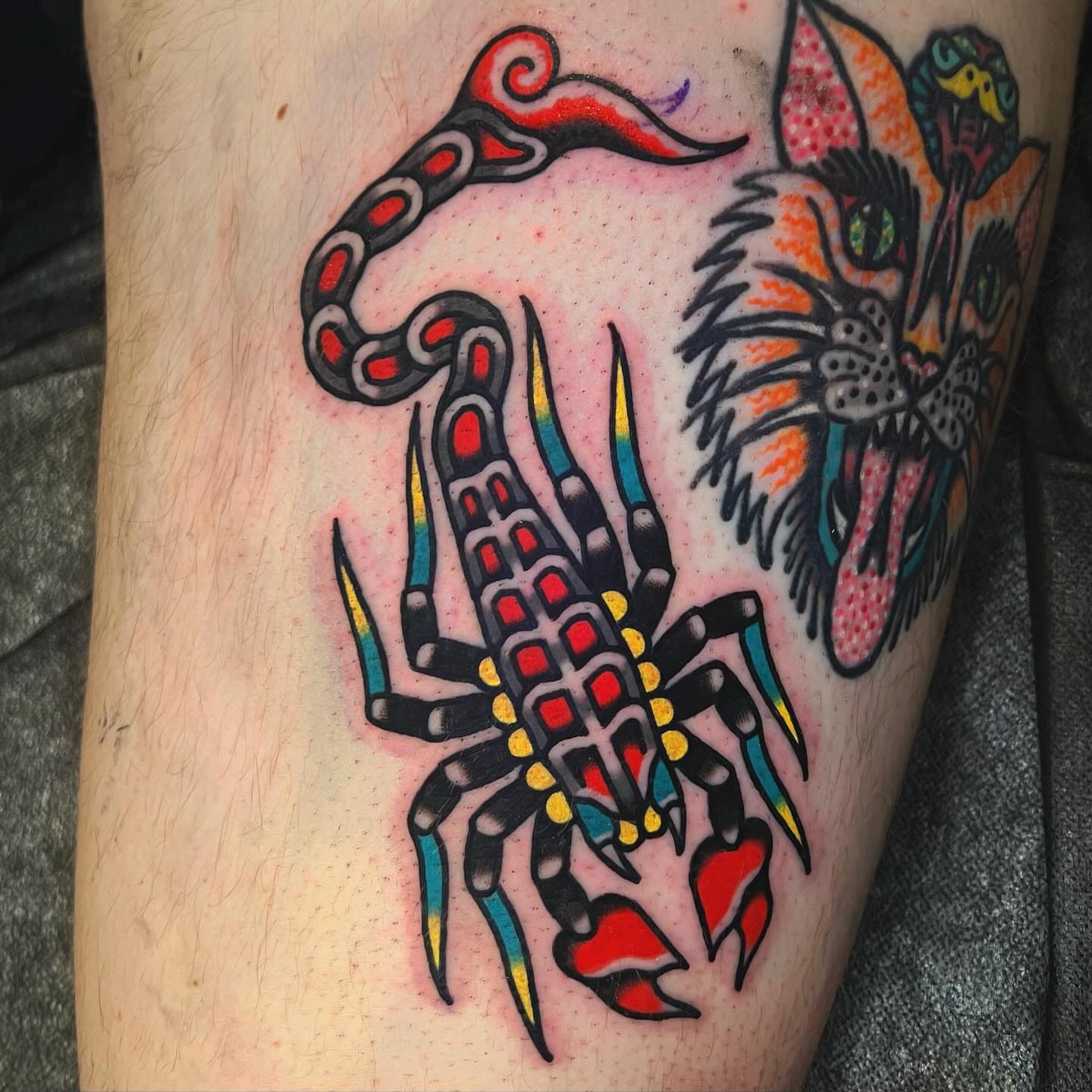 Scorpion and tiger American traditional tattoo on the thigh by Benjamin Ward