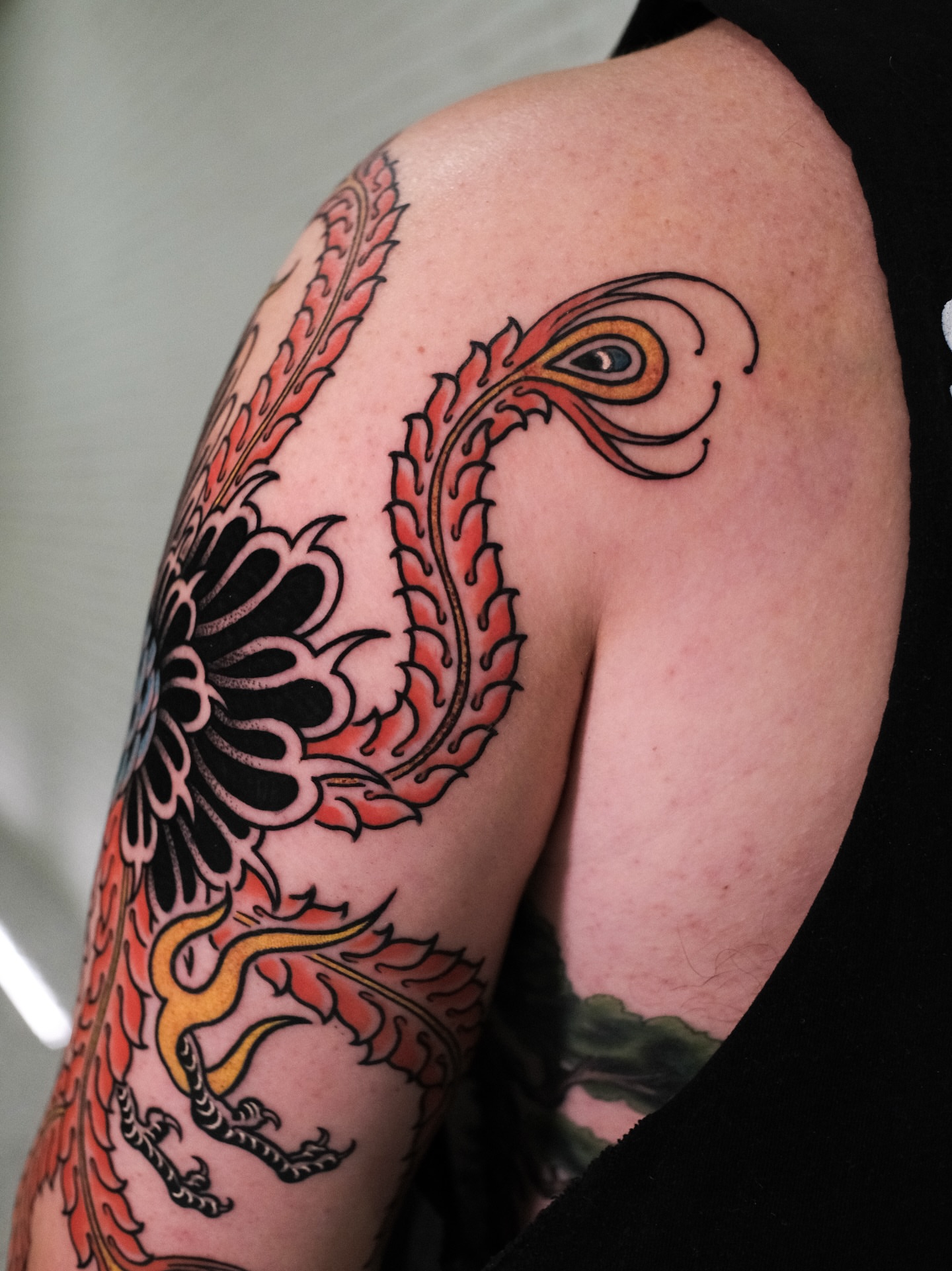 Phoenix American traditional tattoo on the shoulder by seattle tattoo artist
