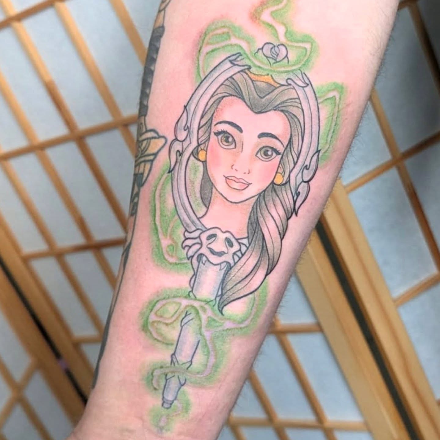 Belle illustrative tattoo on the forearm by Nico Capriotti ๐ณ๏ธโ๐
