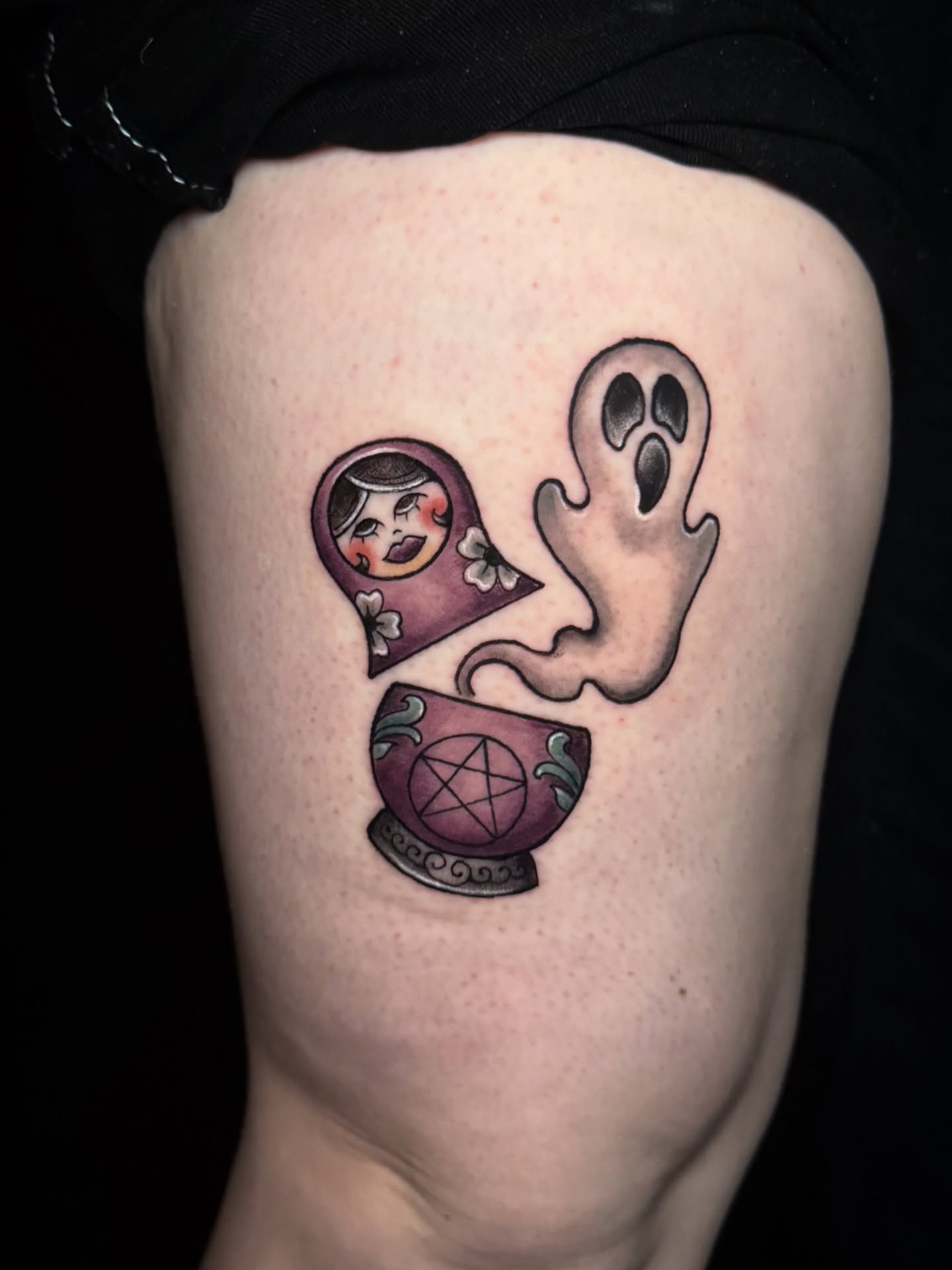 Matryoshka ghost American traditional tattoo on the thigh by M A D I E I N S P A N I E R π¦ tattoos