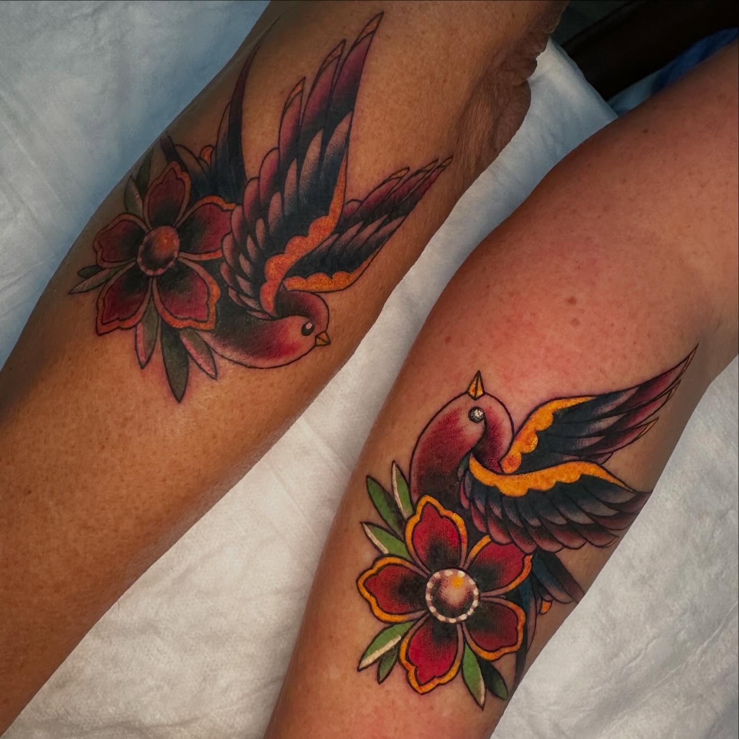 Bird and flower American traditional tattoo on the upper arm by Jenni Hand - Tattoo, Maryville, Tennessee