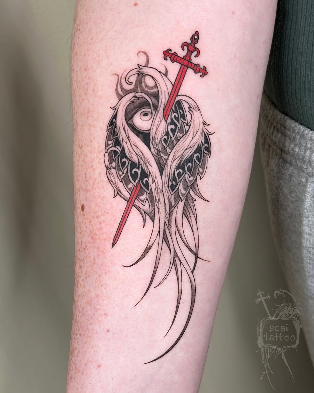 Sword through wings cyber sigilism tattoo on the forearm by scaitattoo