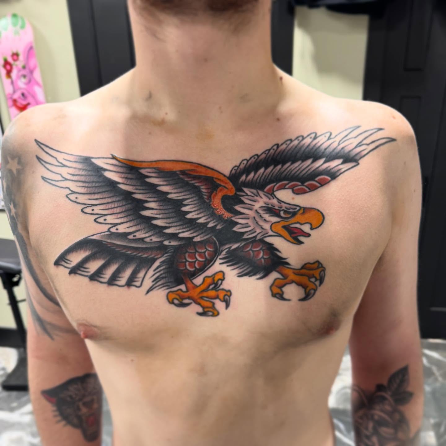Eagle American traditional tattoo on the chest by Jaxson Eugene Brady-Hobart